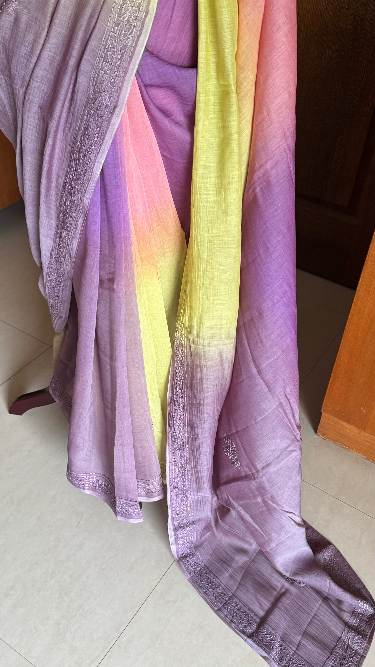 Pure Mul Chanderi Chikankari Saree - Pink,Lavender,Green,Grey