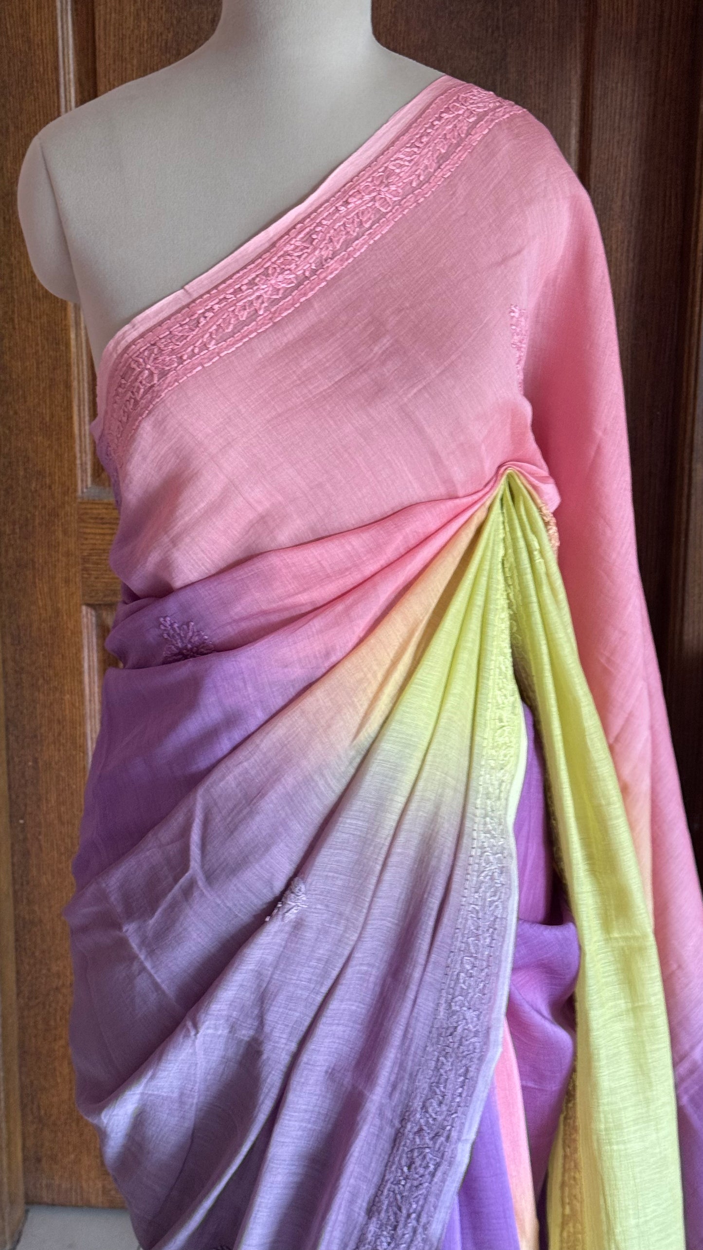 Pure Mul Chanderi Chikankari Saree - Pink,Lavender,Green,Grey