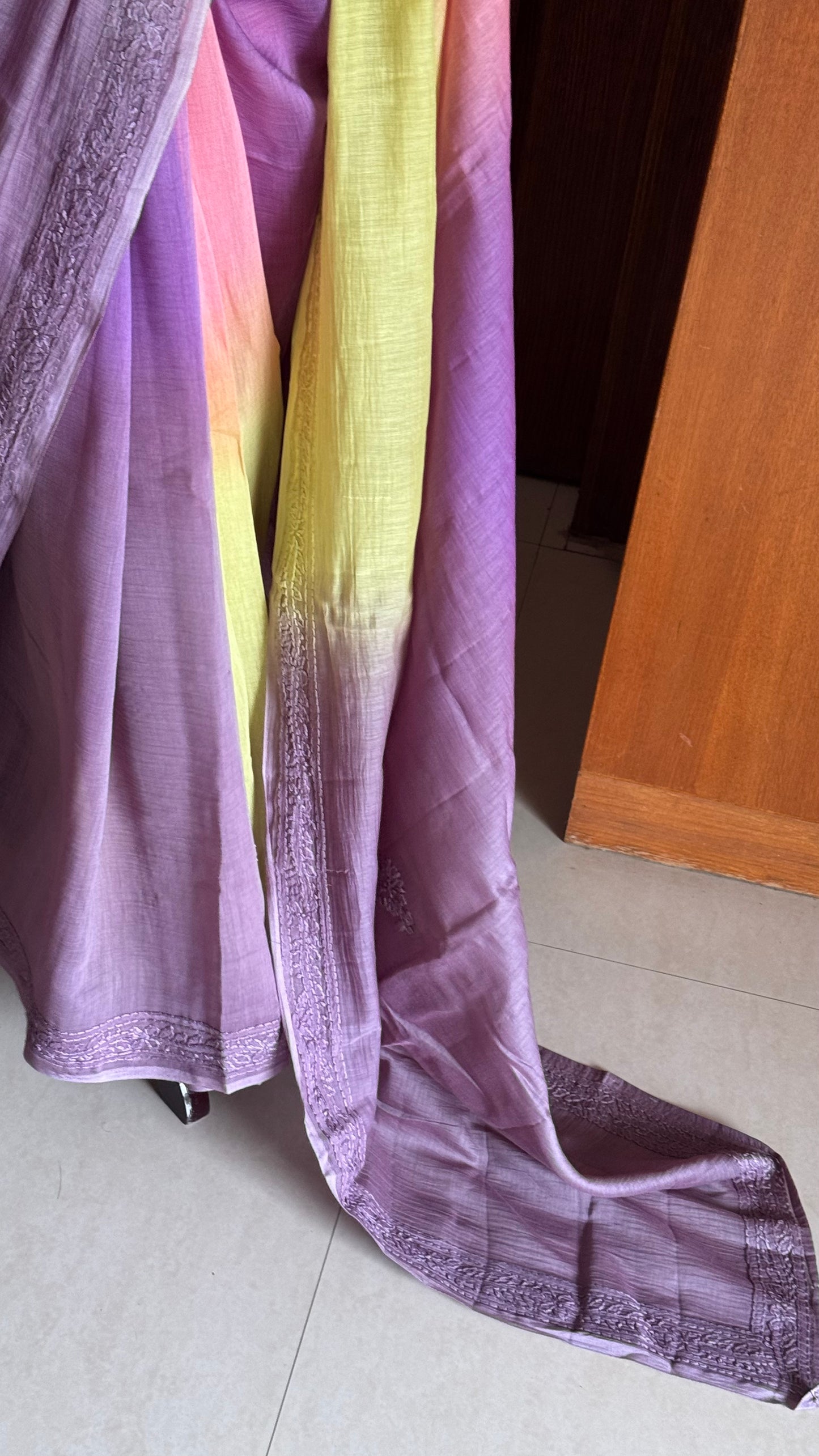 Pure Mul Chanderi Chikankari Saree - Pink,Lavender,Green,Grey