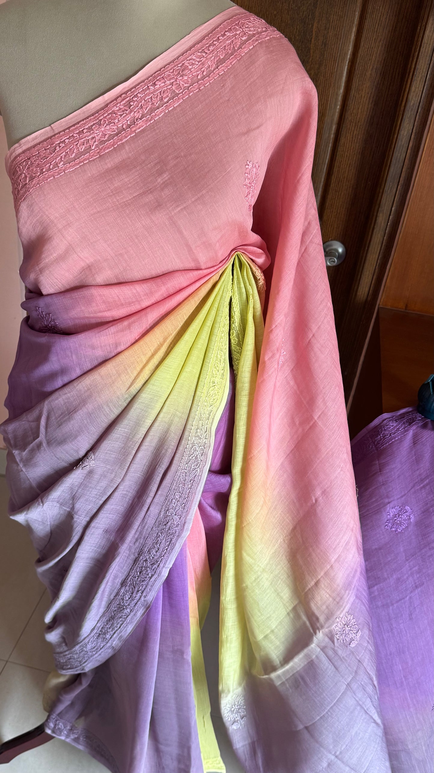 Pure Mul Chanderi Chikankari Saree - Pink,Lavender,Green,Grey