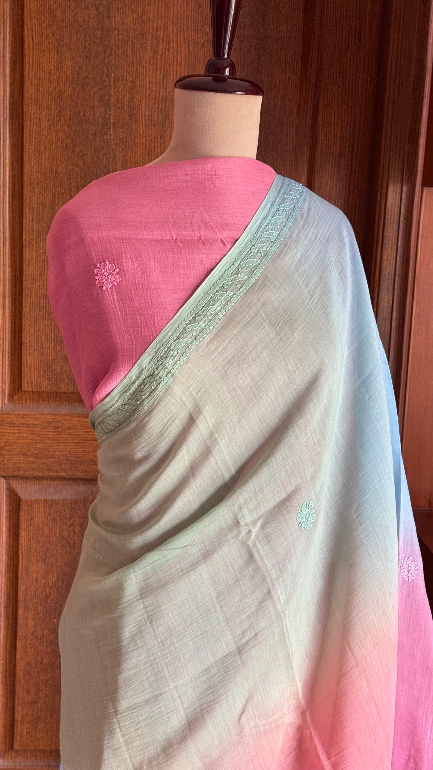 Pure Mul Chanderi Chikankari Saree -Green, Blue,Peach,Pink