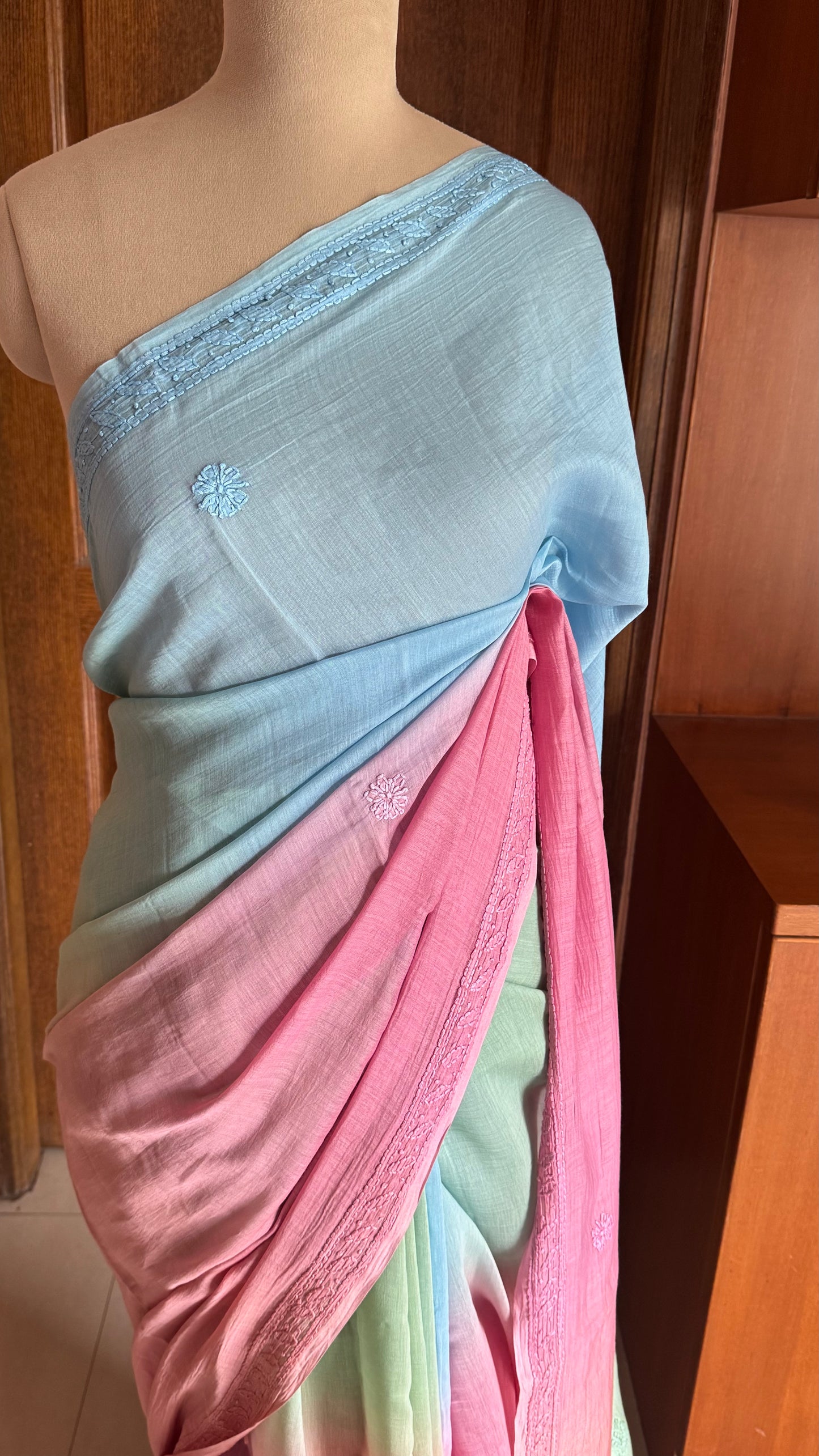 Pure Mul Chanderi Chikankari Saree -Green, Blue,Peach,Pink
