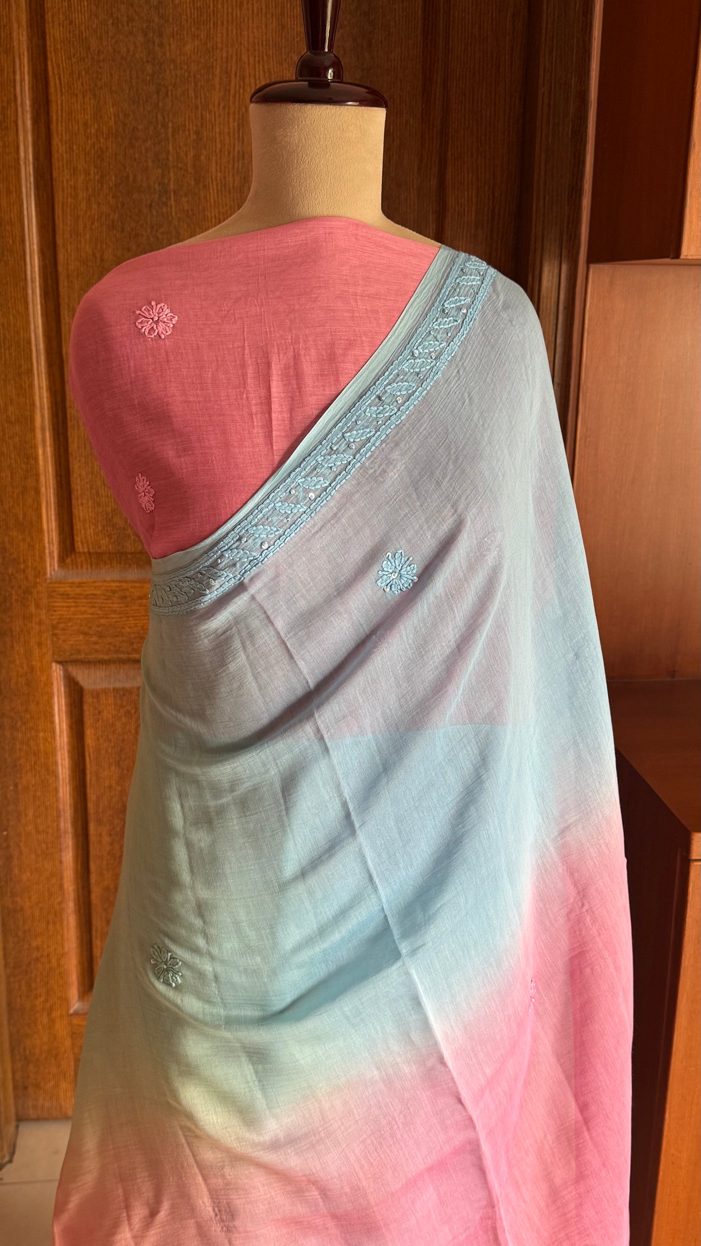 Pure Mul Chanderi Chikankari Saree -Blue,Green,Pink,Peach
