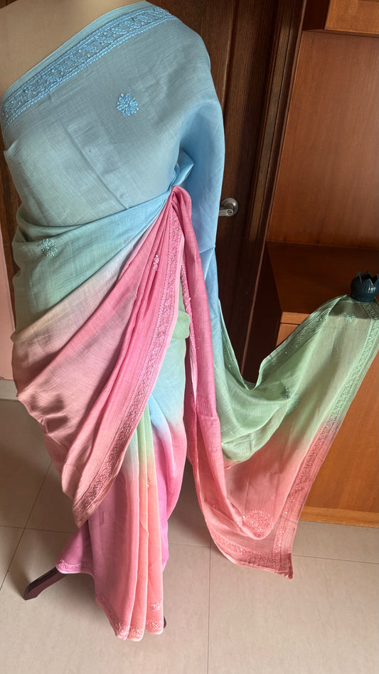 Pure Mul Chanderi Chikankari Saree -Blue,Green,Pink,Peach