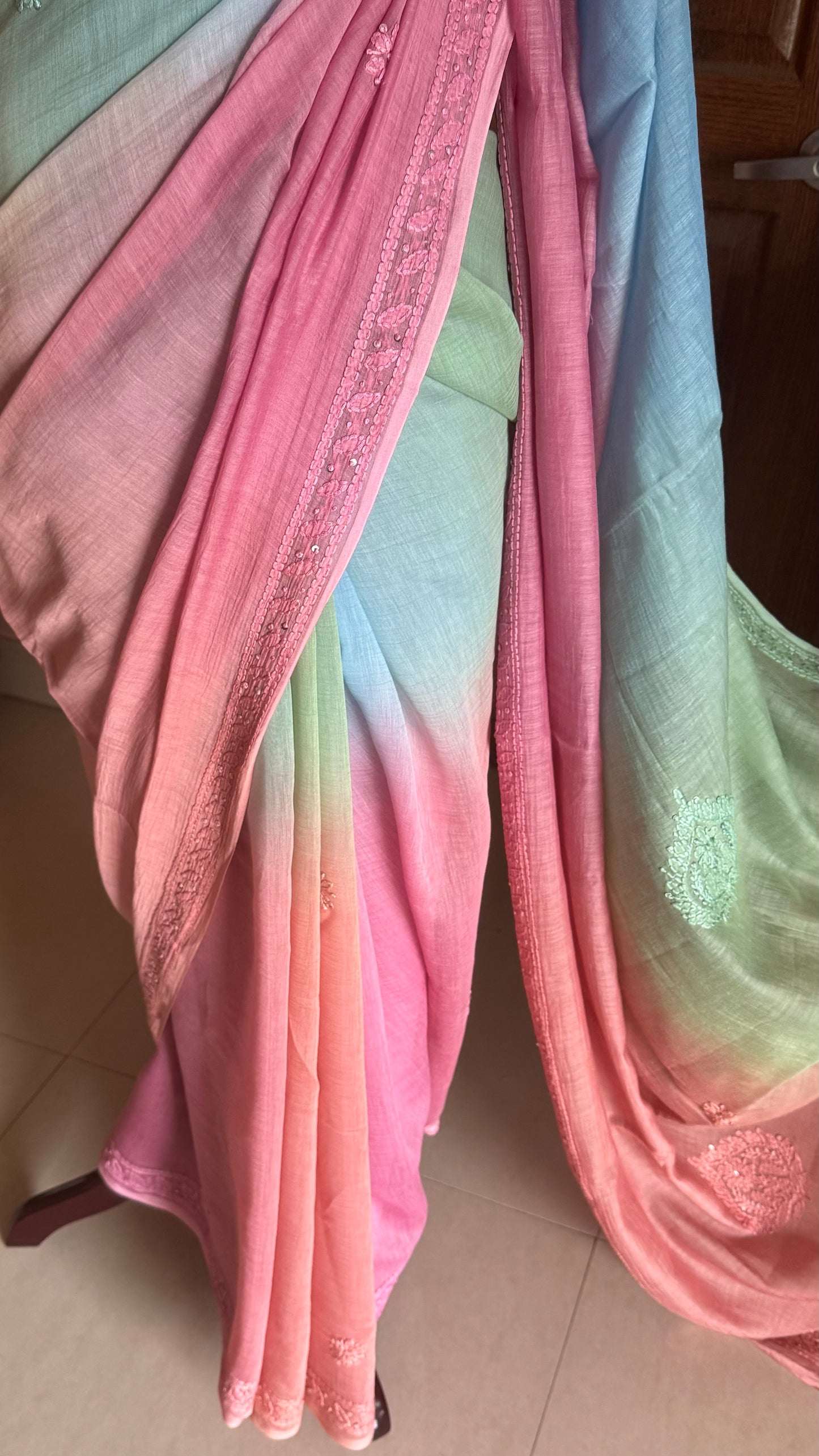 Pure Mul Chanderi Chikankari Saree -Blue,Green,Pink,Peach
