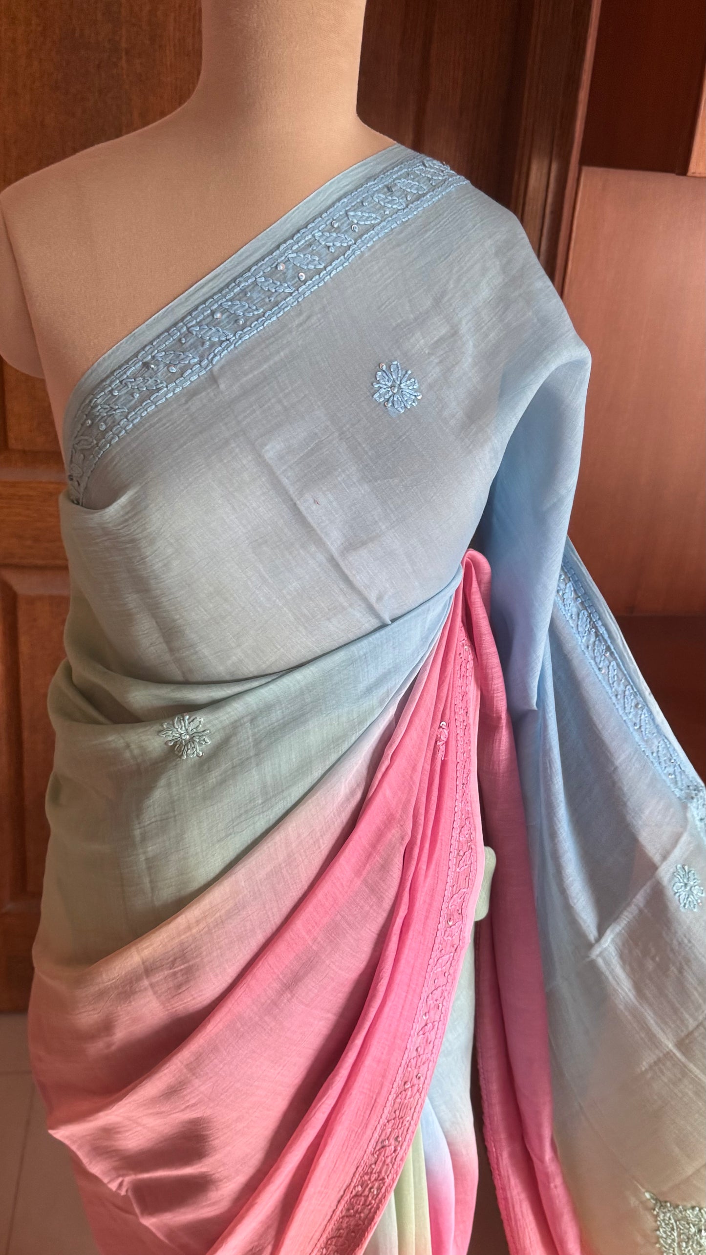 Pure Mul Chanderi Chikankari Saree -Blue,Green,Pink,Peach