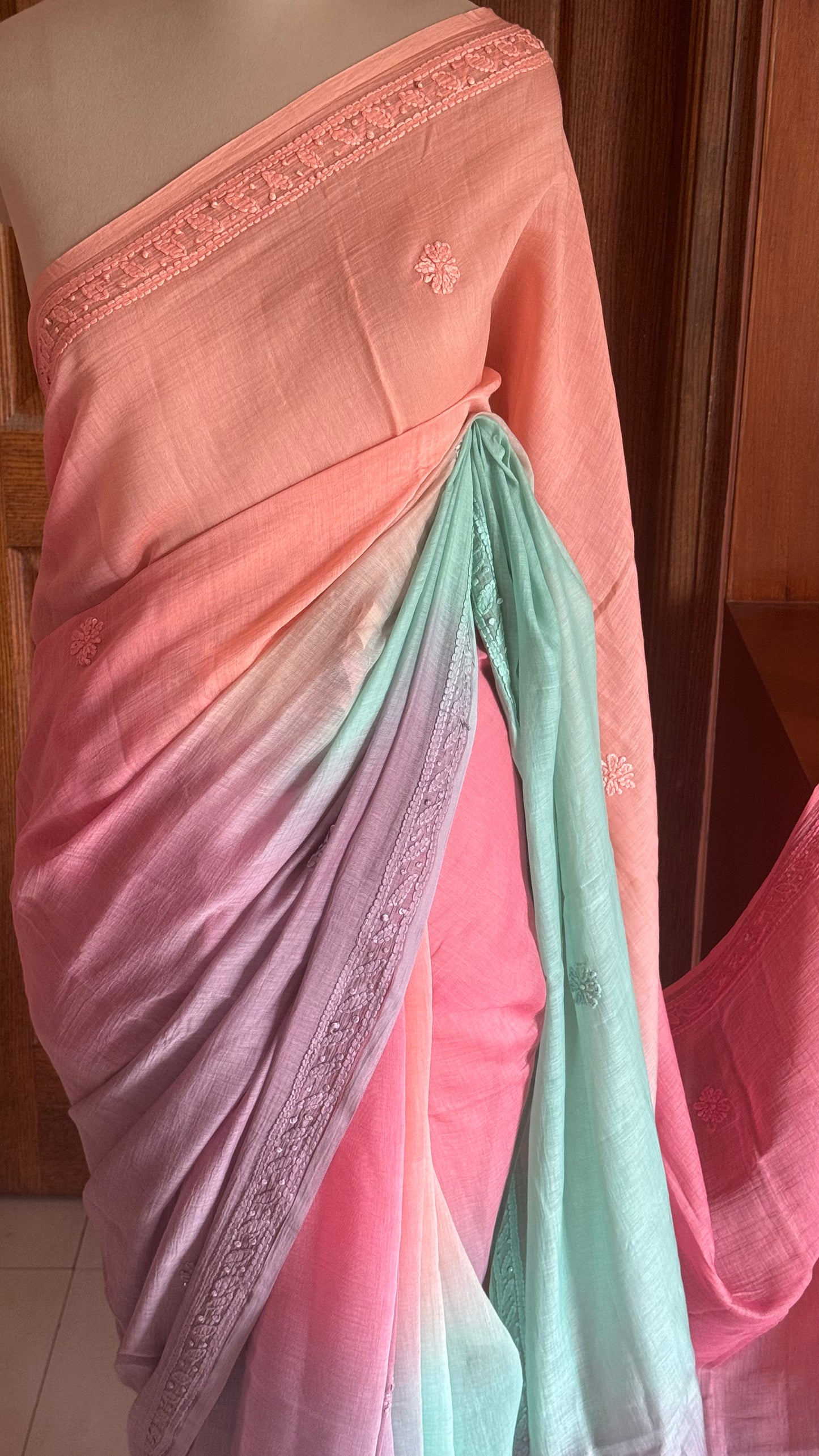Pure Mul Chanderi Chikankari Saree -Peach,Pink,Lavender,Sea Green