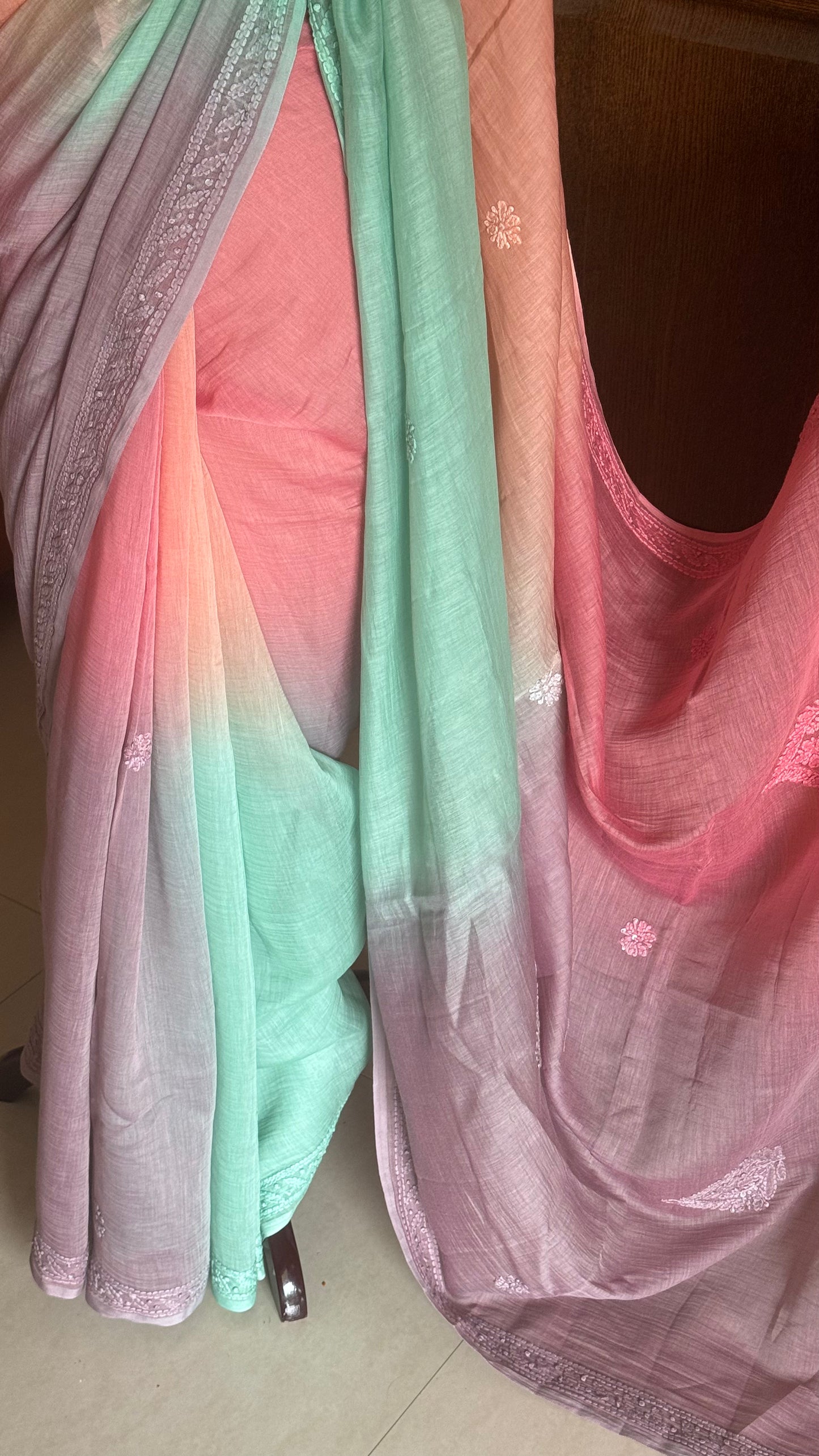 Pure Mul Chanderi Chikankari Saree -Peach,Pink,Lavender,Sea Green