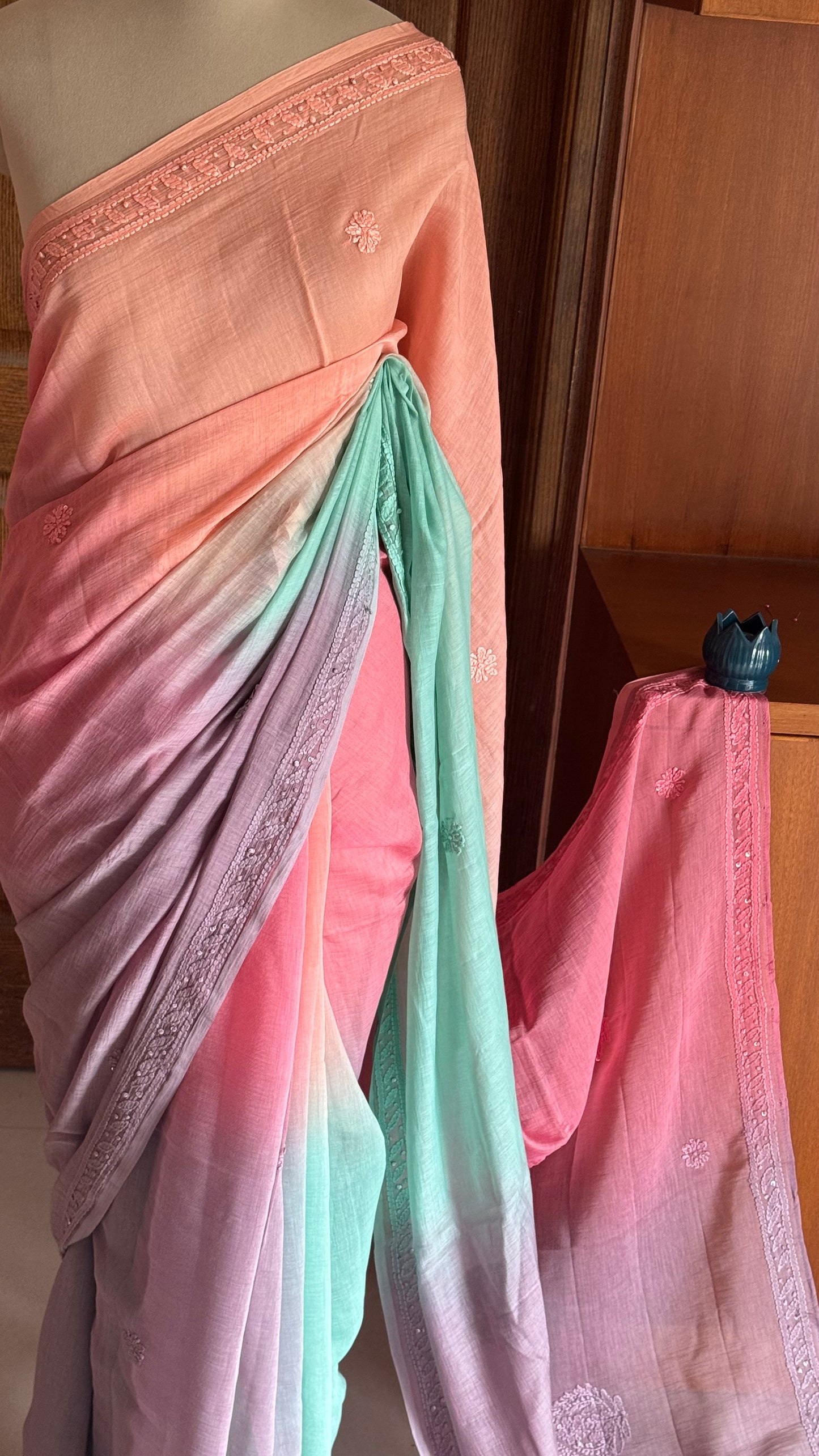 Pure Mul Chanderi Chikankari Saree -Peach,Pink,Lavender,Sea Green