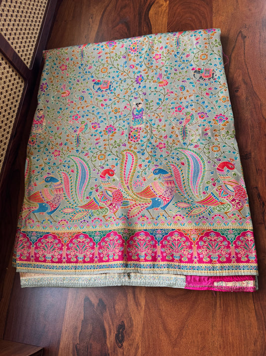 Luxe Pashmina Style Semi Silk Saree - Grey & Pink