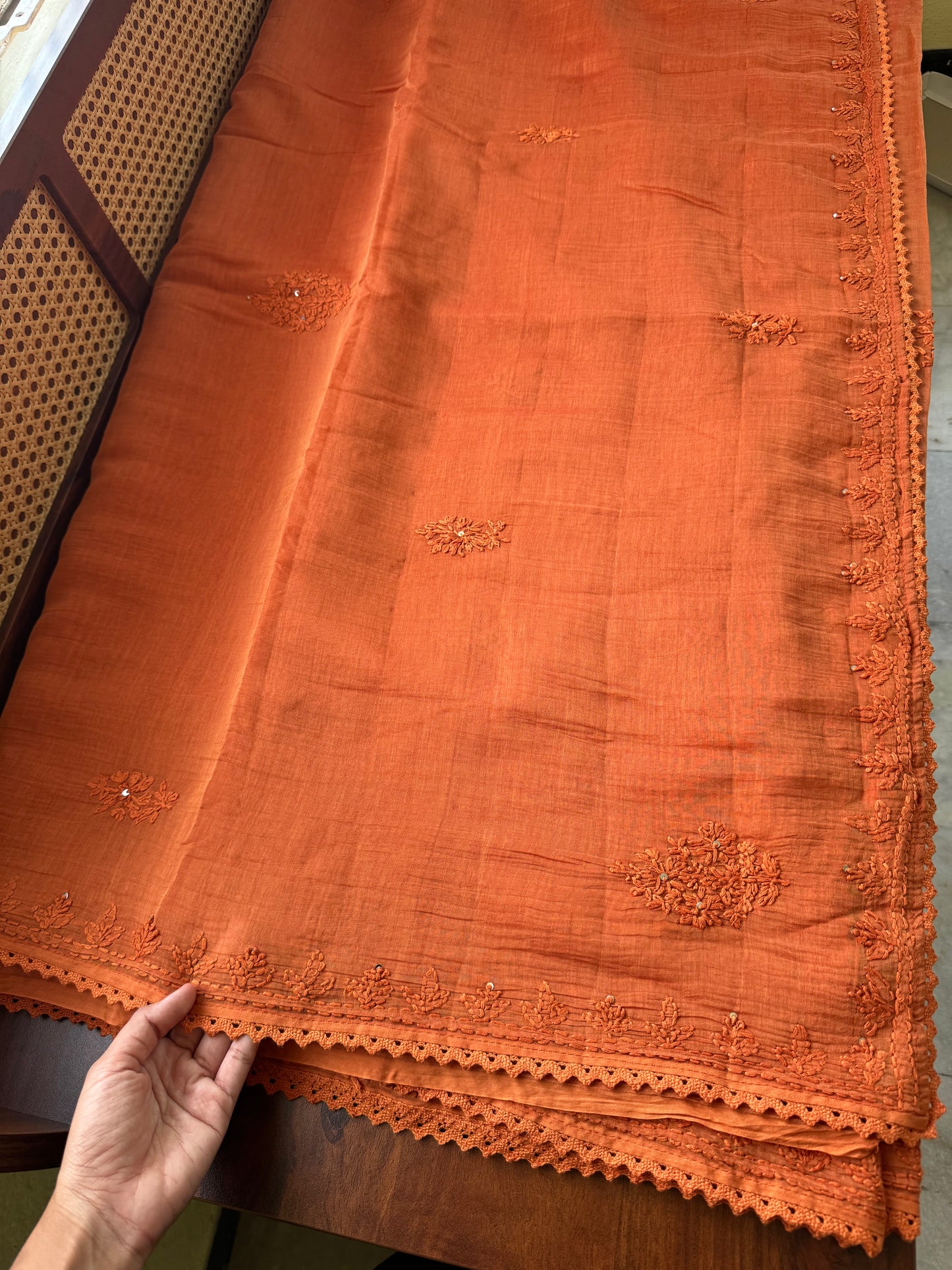 Pure Mul Chanderi Chikankari Saree - Rust Orange