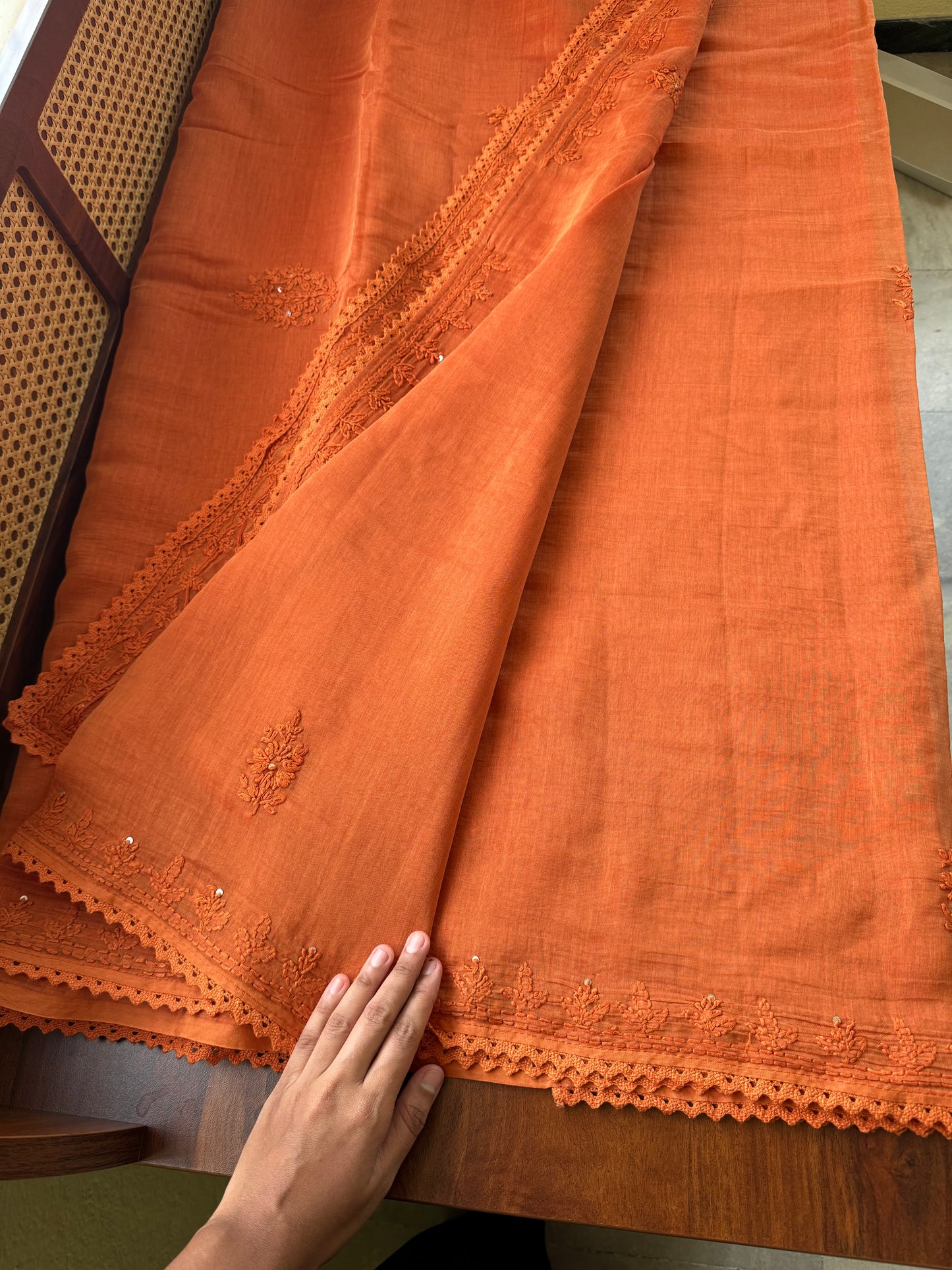 Pure Mul Chanderi Chikankari Saree - Rust Orange