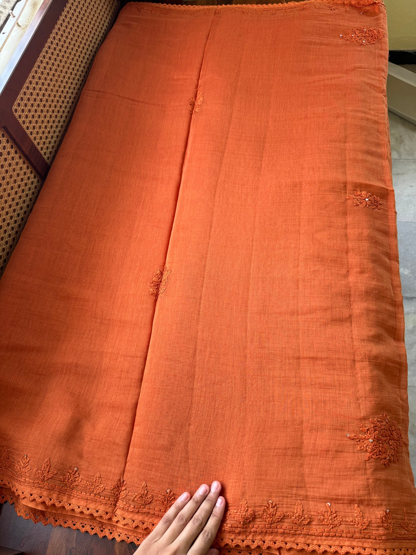 Pure Mul Chanderi Chikankari Saree - Rust Orange