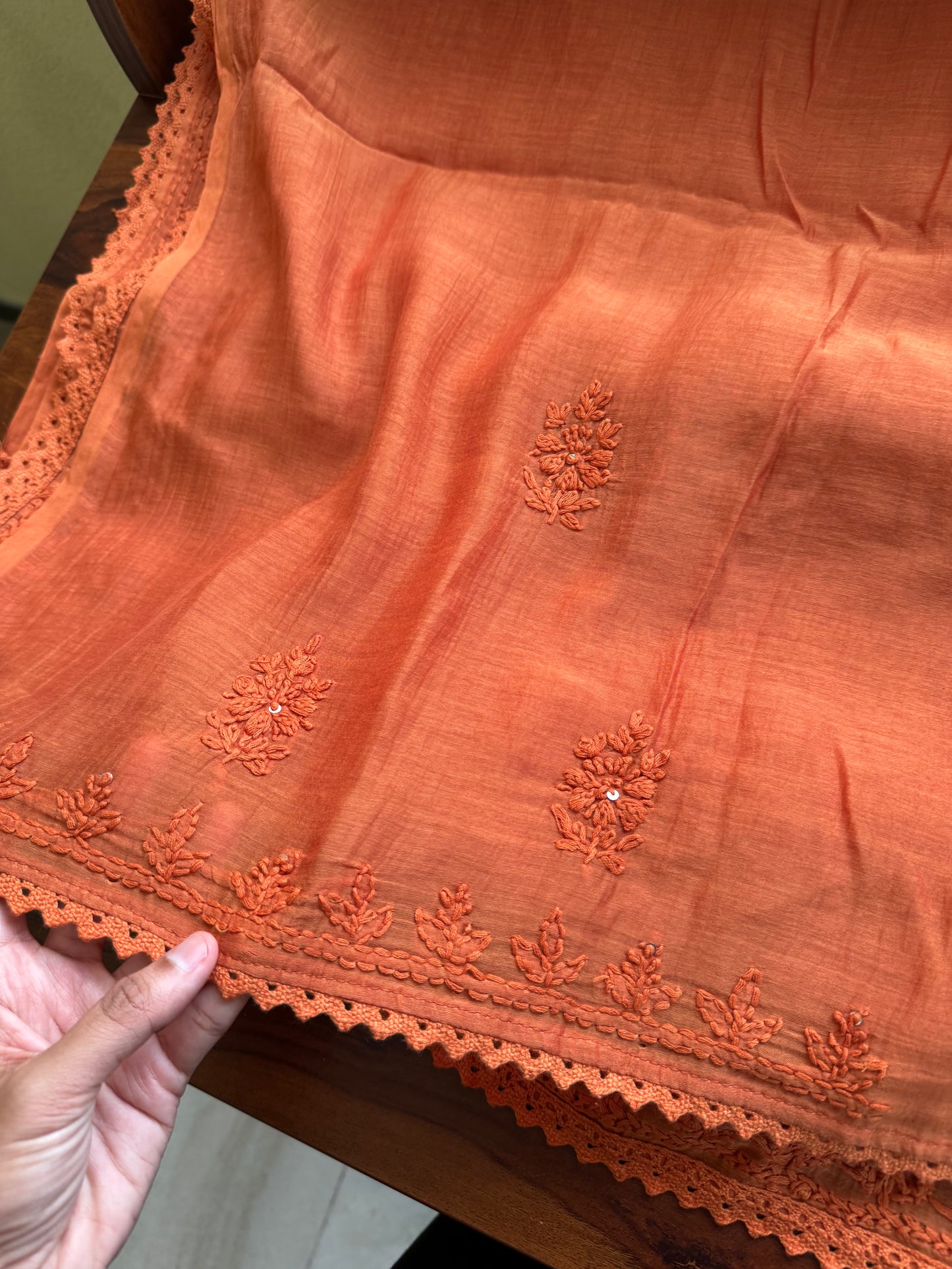 Pure Mul Chanderi Chikankari Saree - Rust Orange