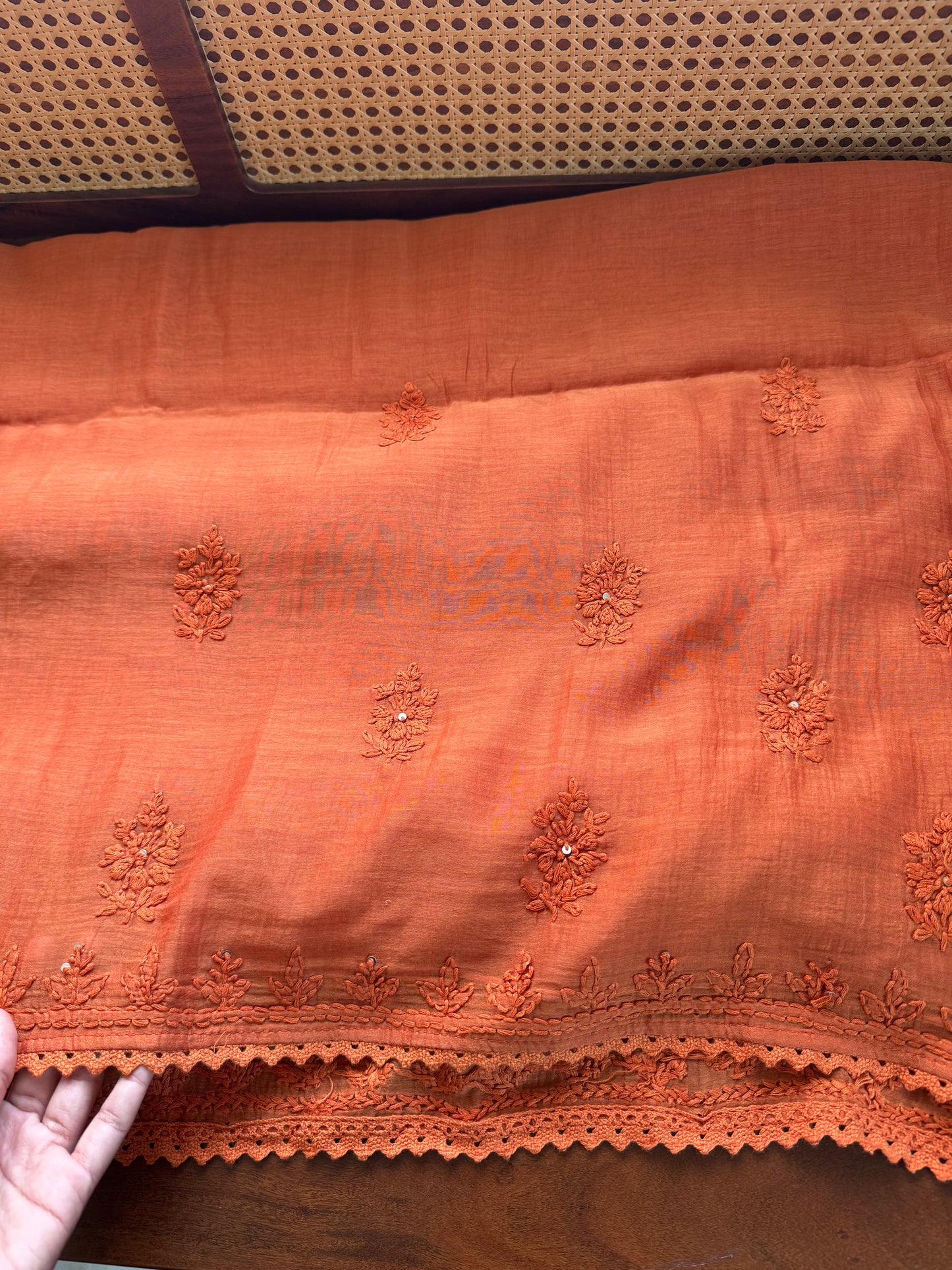 Pure Mul Chanderi Chikankari Saree - Rust Orange