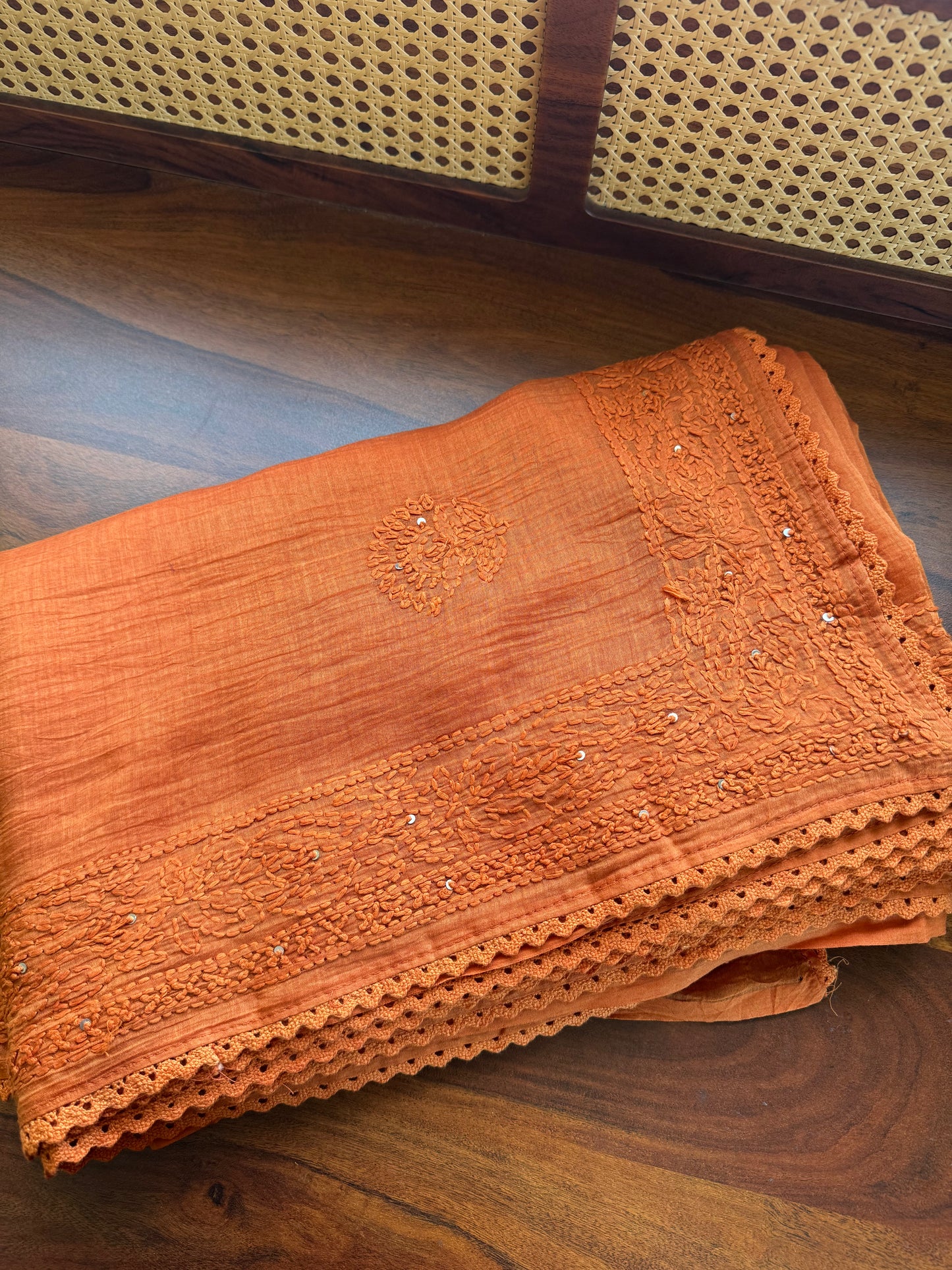 Pure Mul Chanderi Chikankari Saree - Rust Orange