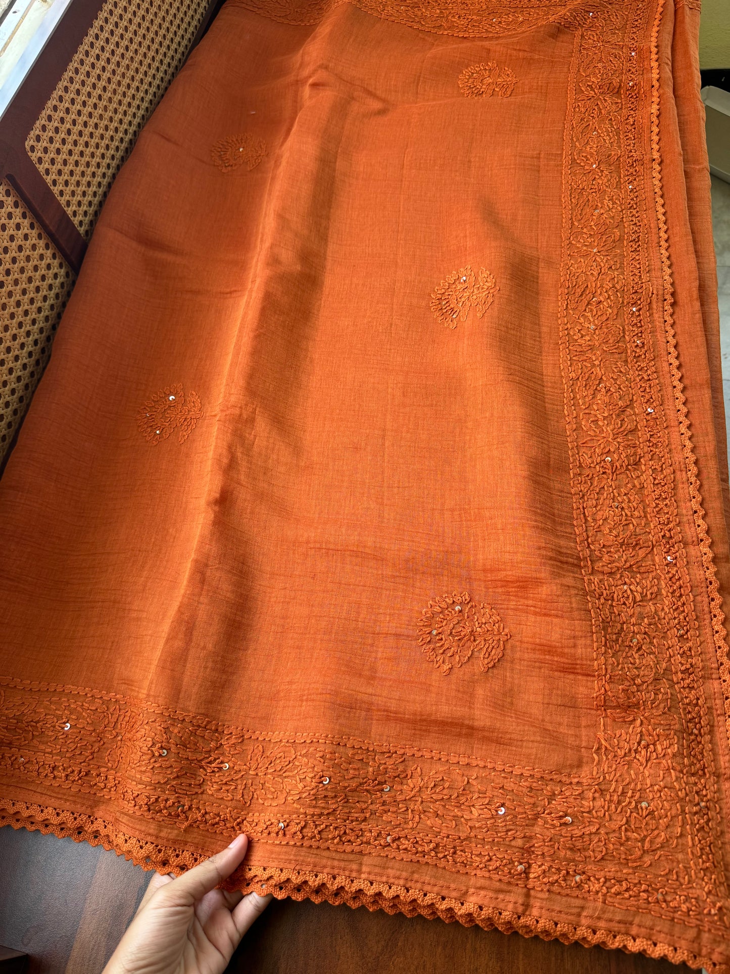 Pure Mul Chanderi Chikankari Saree - Rust Orange