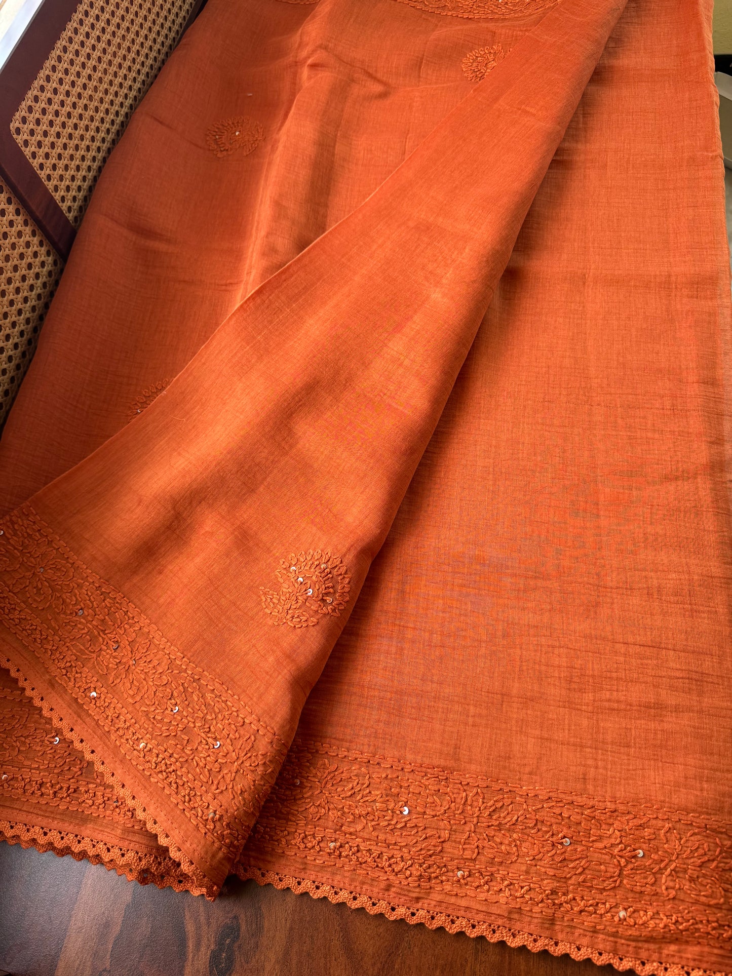 Pure Mul Chanderi Chikankari Saree - Rust Orange
