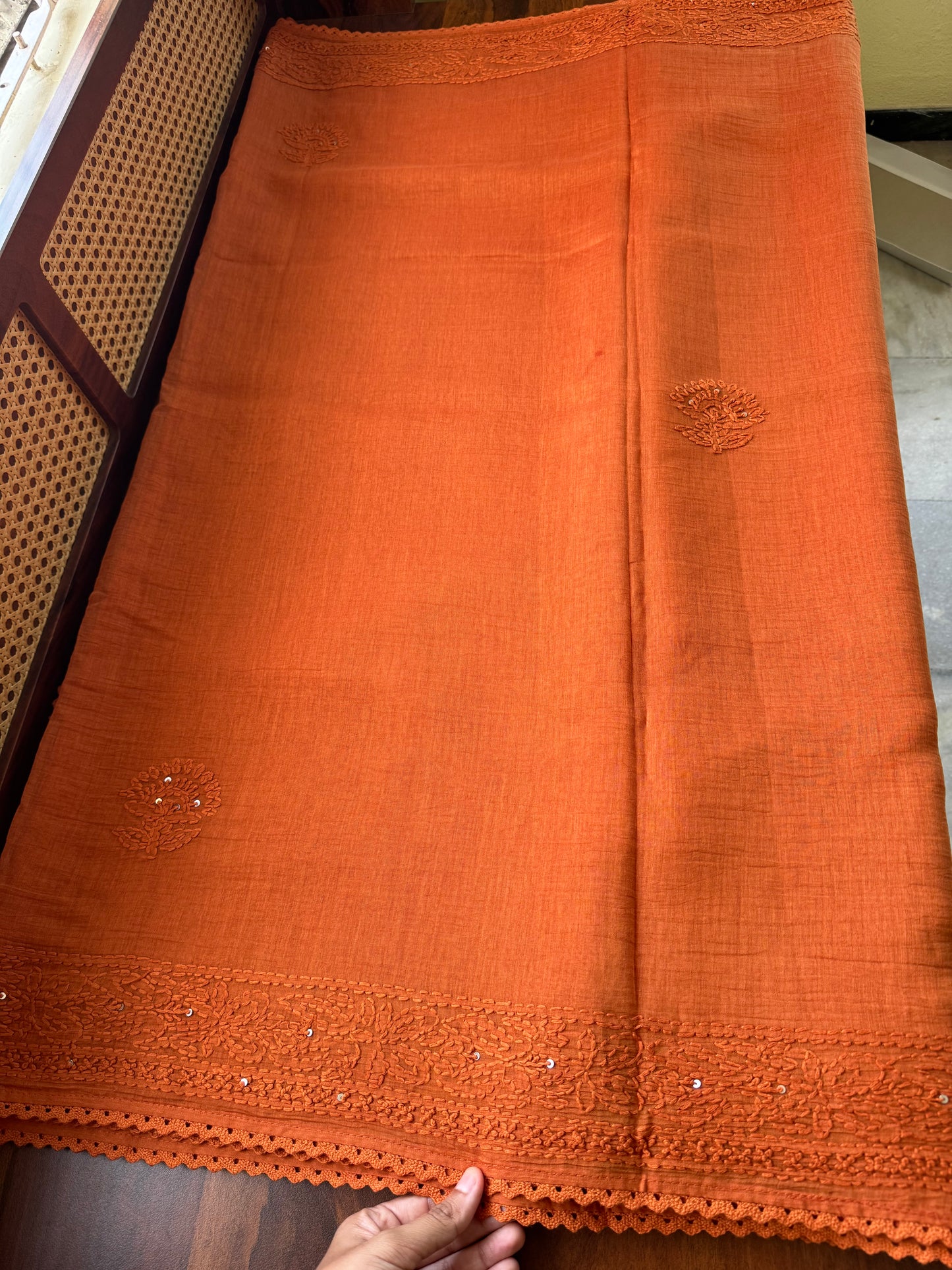 Pure Mul Chanderi Chikankari Saree - Rust Orange