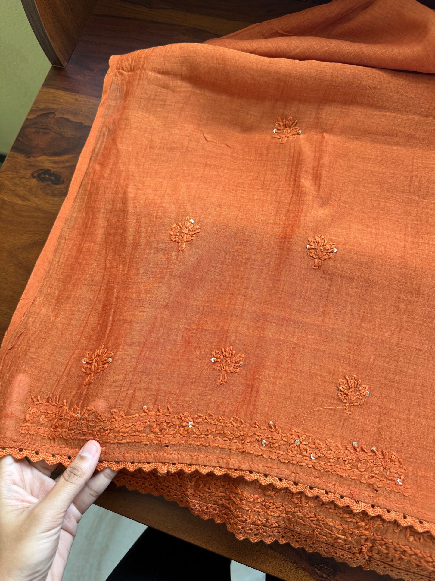 Pure Mul Chanderi Chikankari Saree - Rust Orange