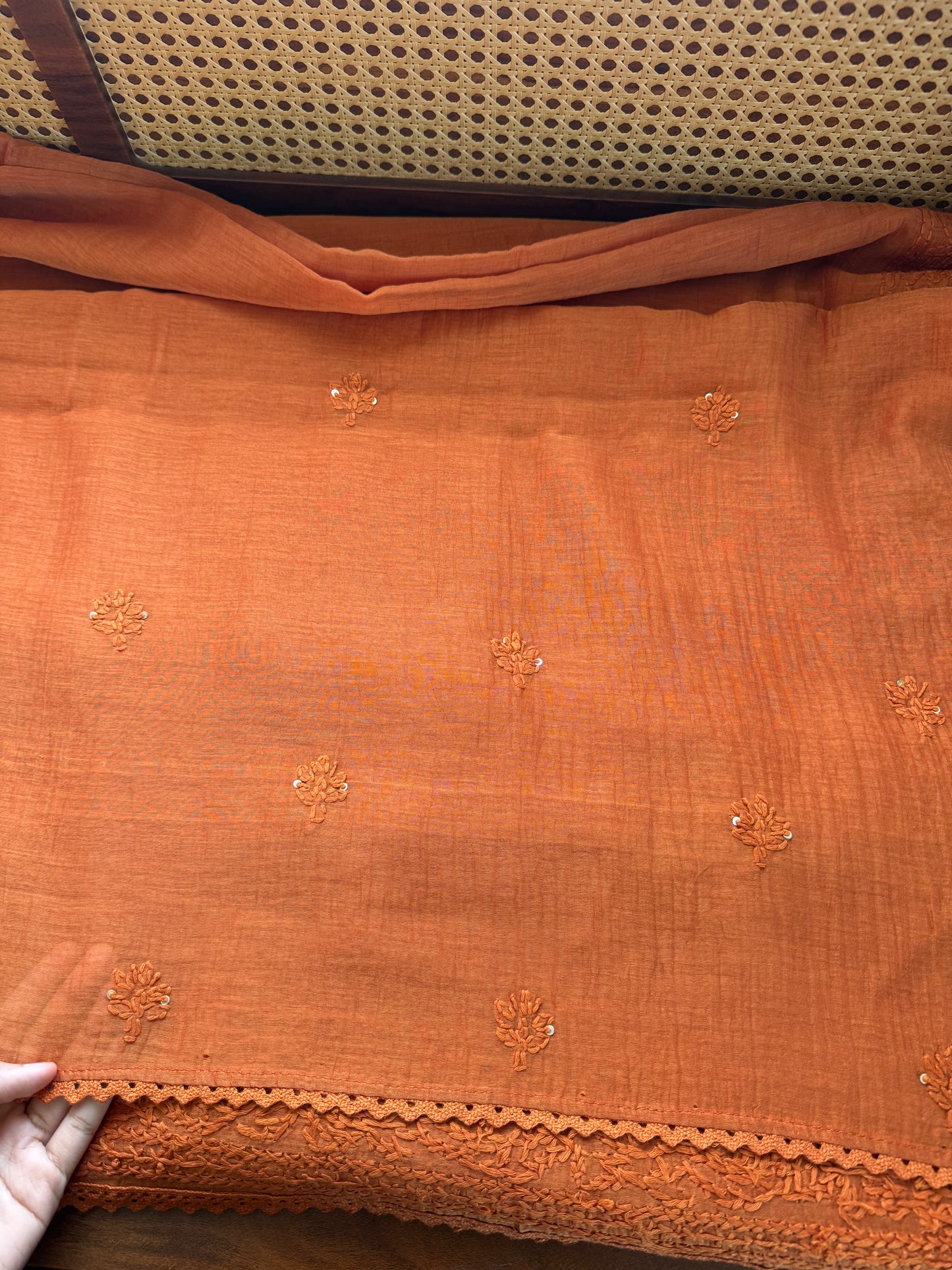 Pure Mul Chanderi Chikankari Saree - Rust Orange