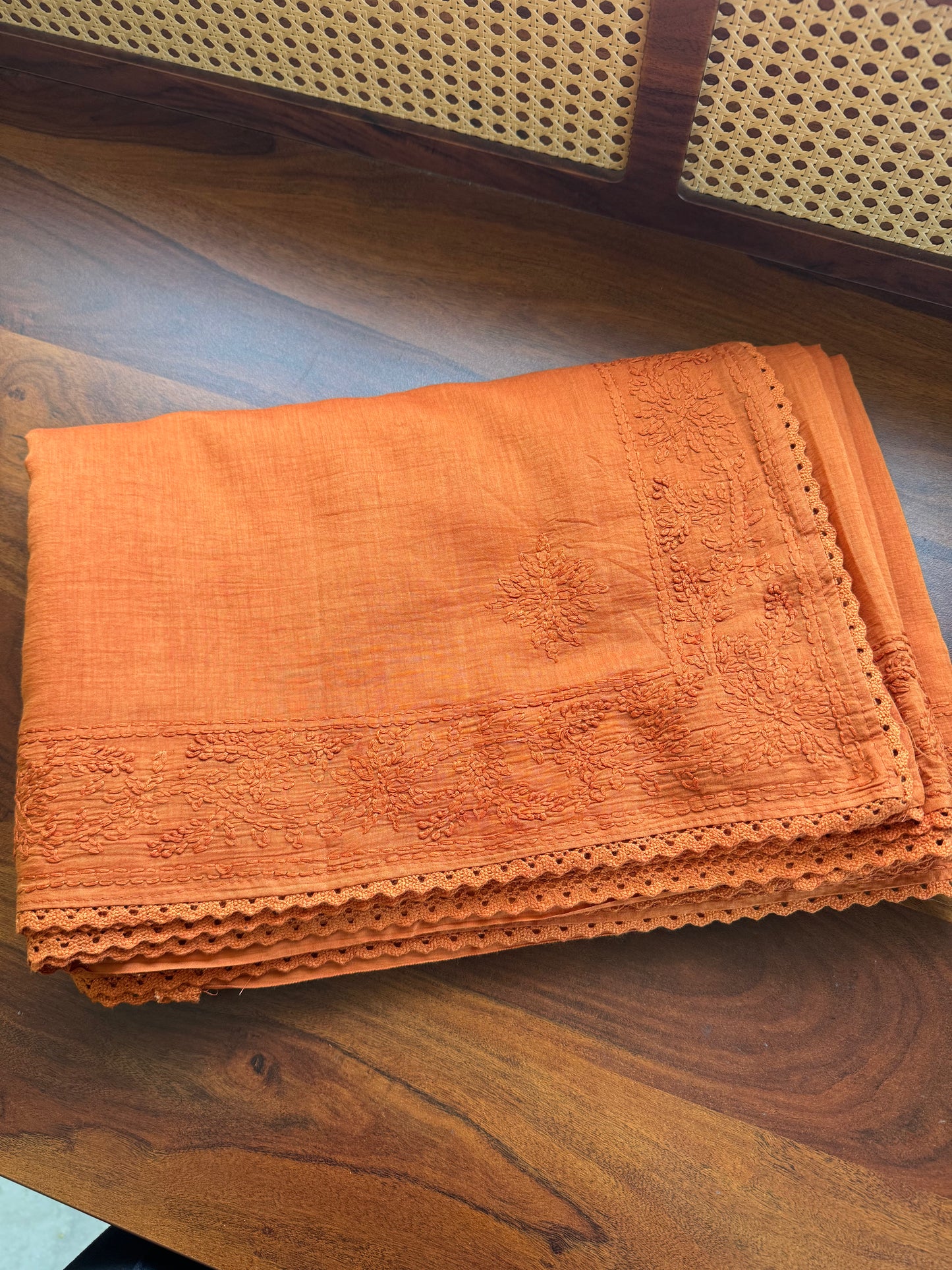 Pure Mul Chanderi Chikankari Saree - Rust Orange