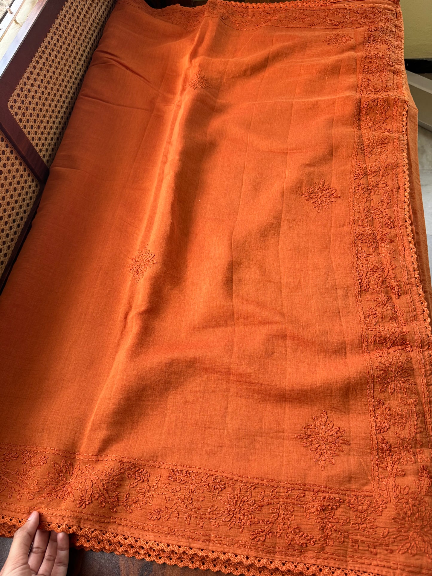 Pure Mul Chanderi Chikankari Saree - Rust Orange