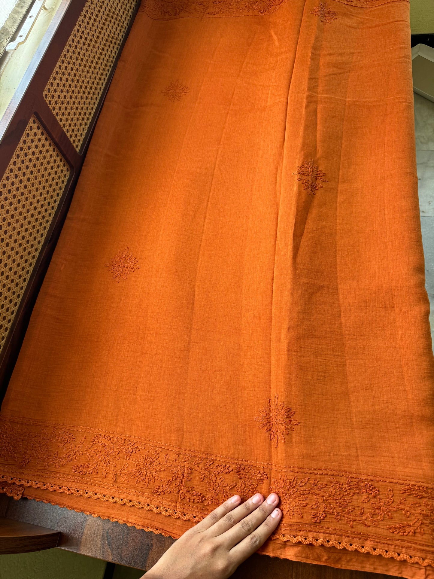 Pure Mul Chanderi Chikankari Saree - Rust Orange