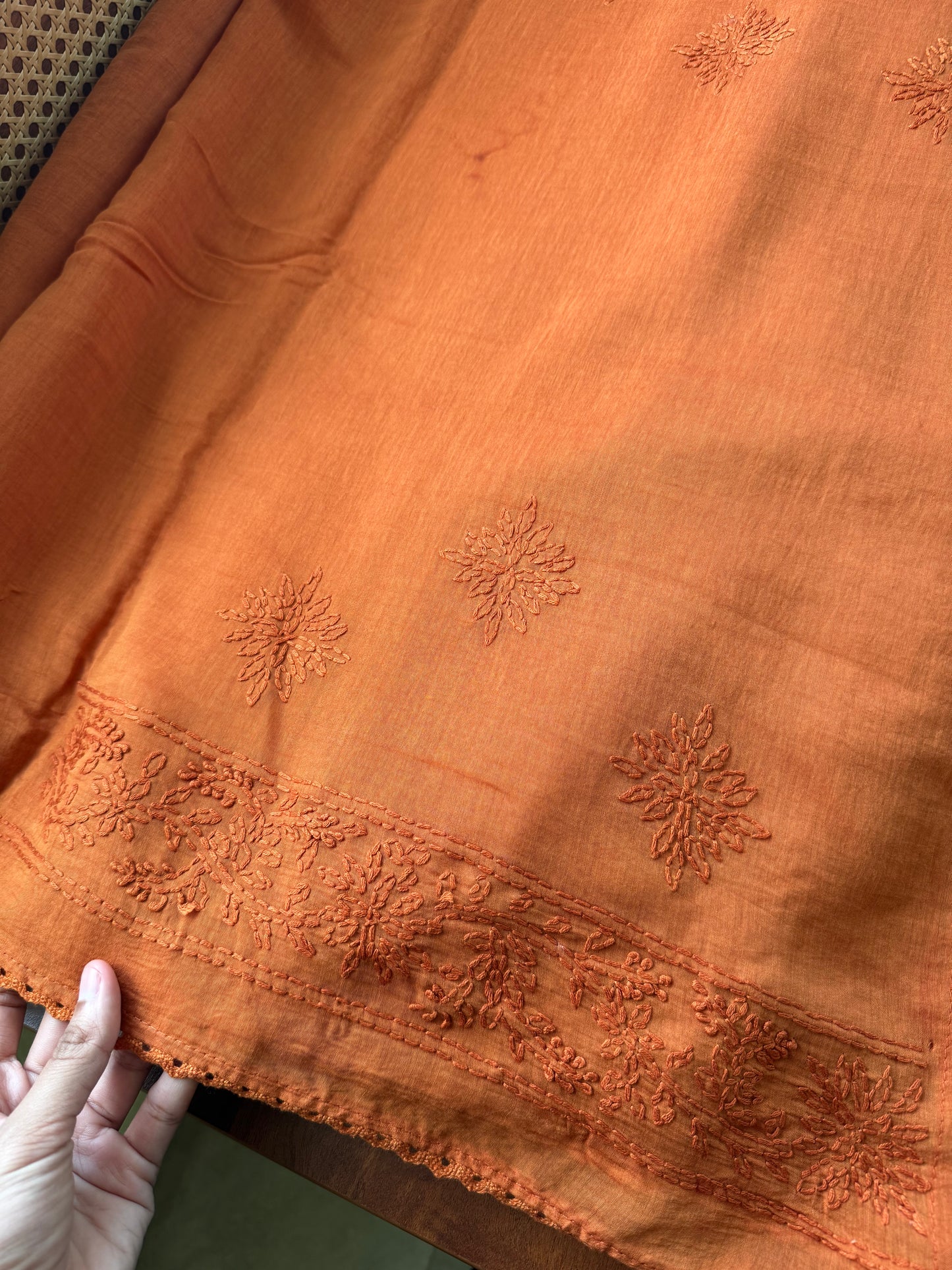 Pure Mul Chanderi Chikankari Saree - Rust Orange