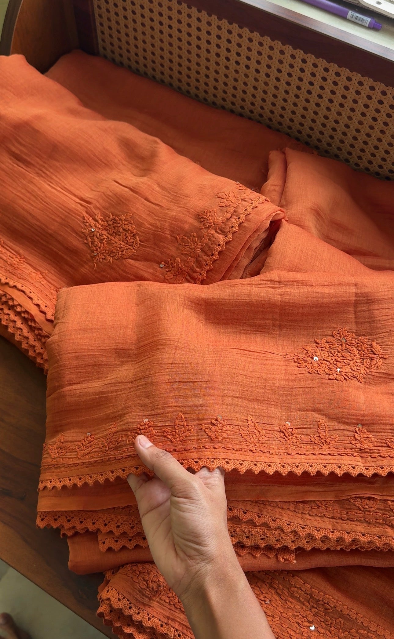 Pure Mul Chanderi Chikankari Saree - Rust Orange