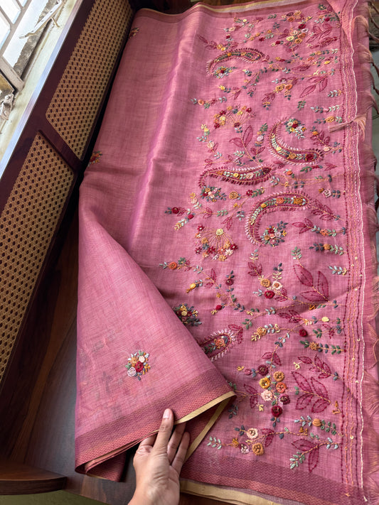 Premium Tissue Linen Sarees - Pink