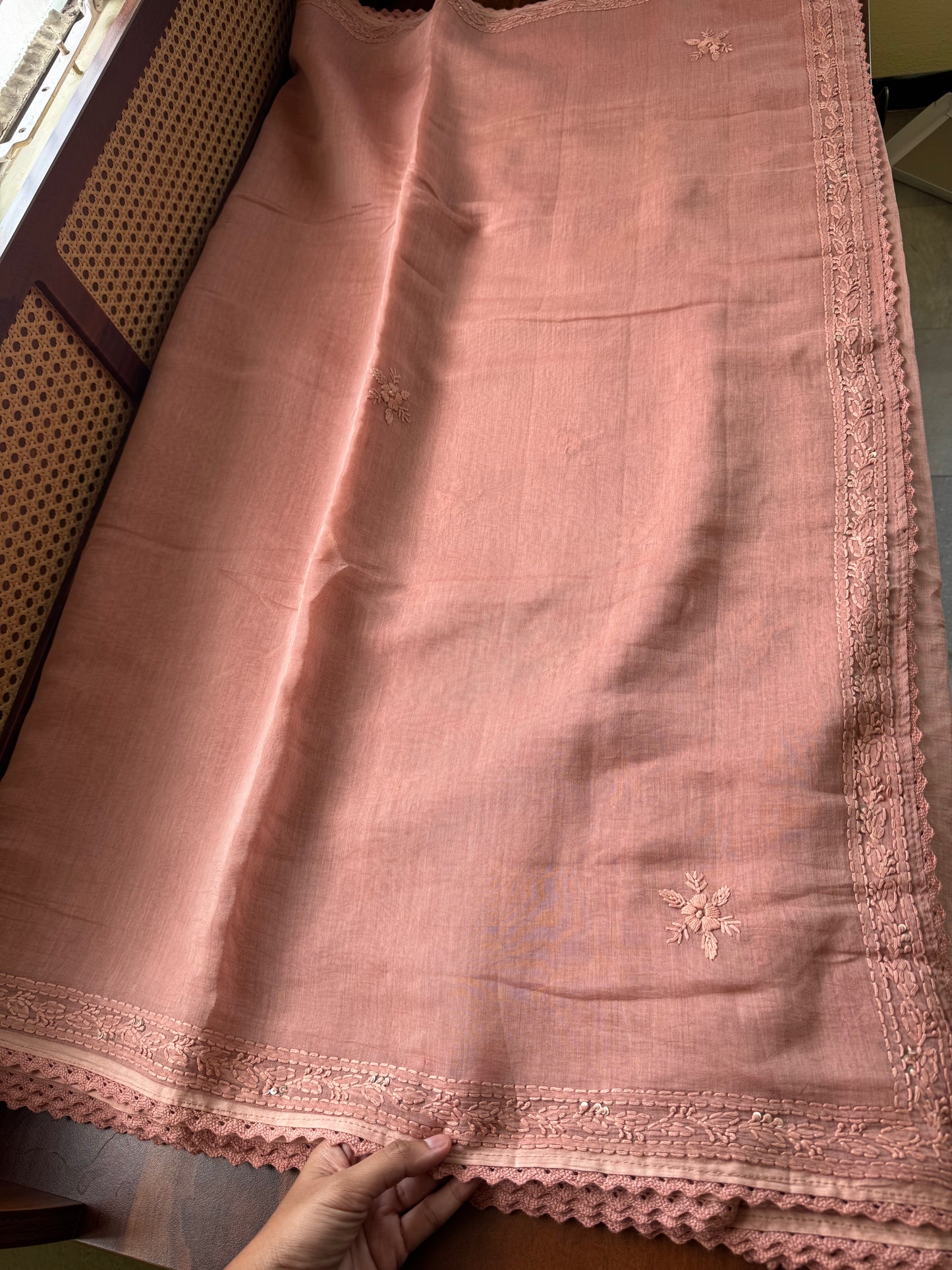 Pure Mul Chanderi Chikankari Saree -Pastel Peach