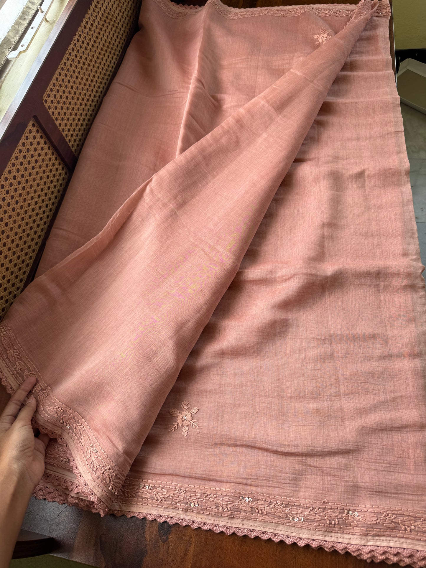 Pure Mul Chanderi Chikankari Saree -Pastel Peach