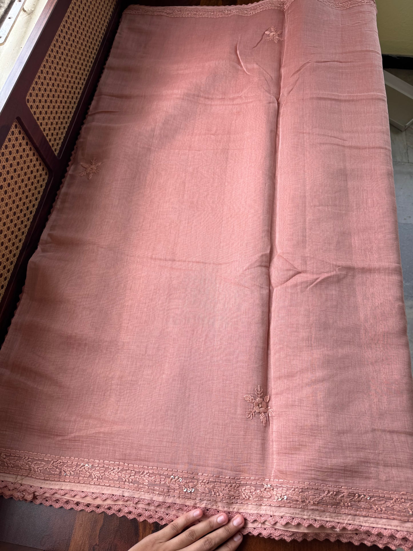Pure Mul Chanderi Chikankari Saree -Pastel Peach