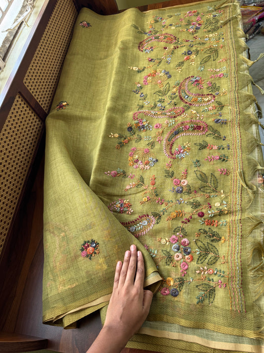 Premium Tissue Linen Sarees - Green