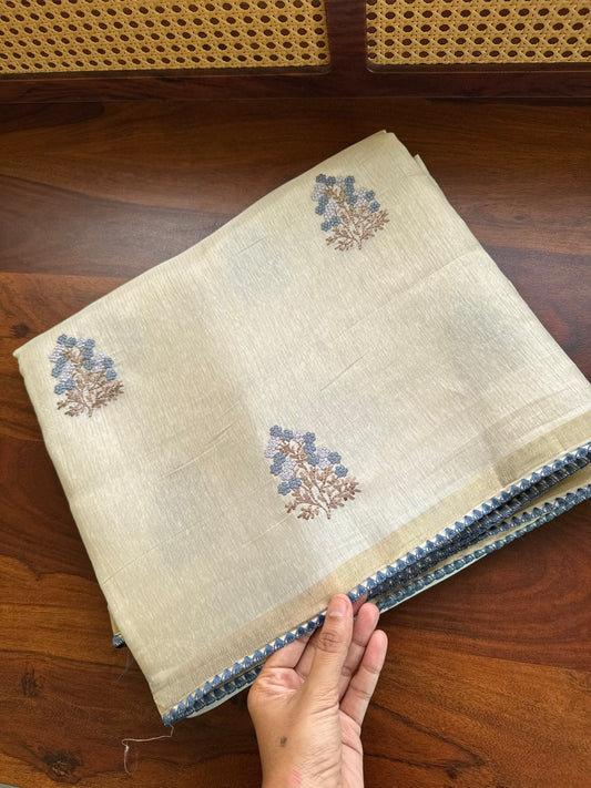 Mul Chanderi Tissue Saree - Cream & Navy Blue