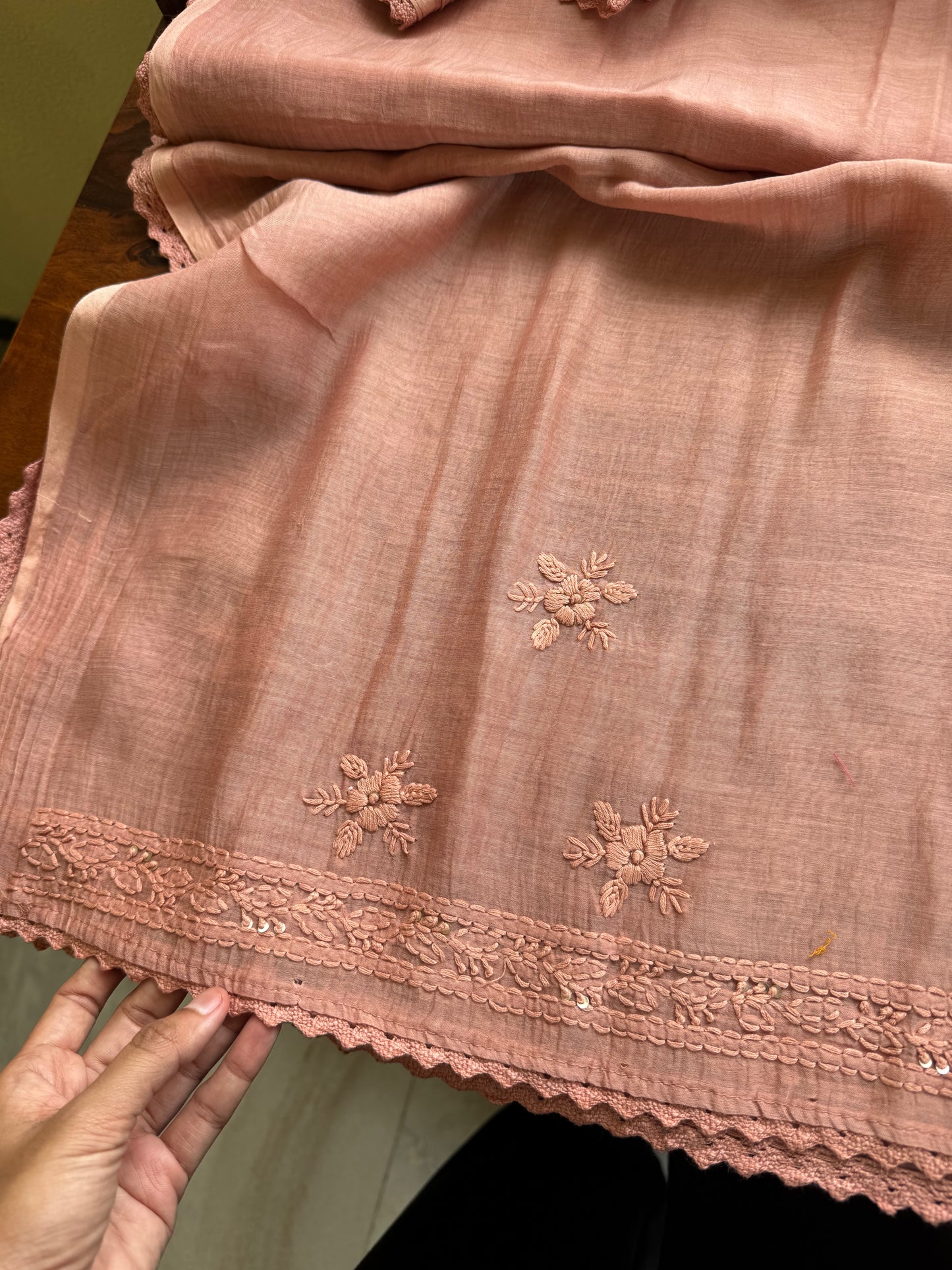 Pure Mul Chanderi Chikankari Saree -Pastel Peach