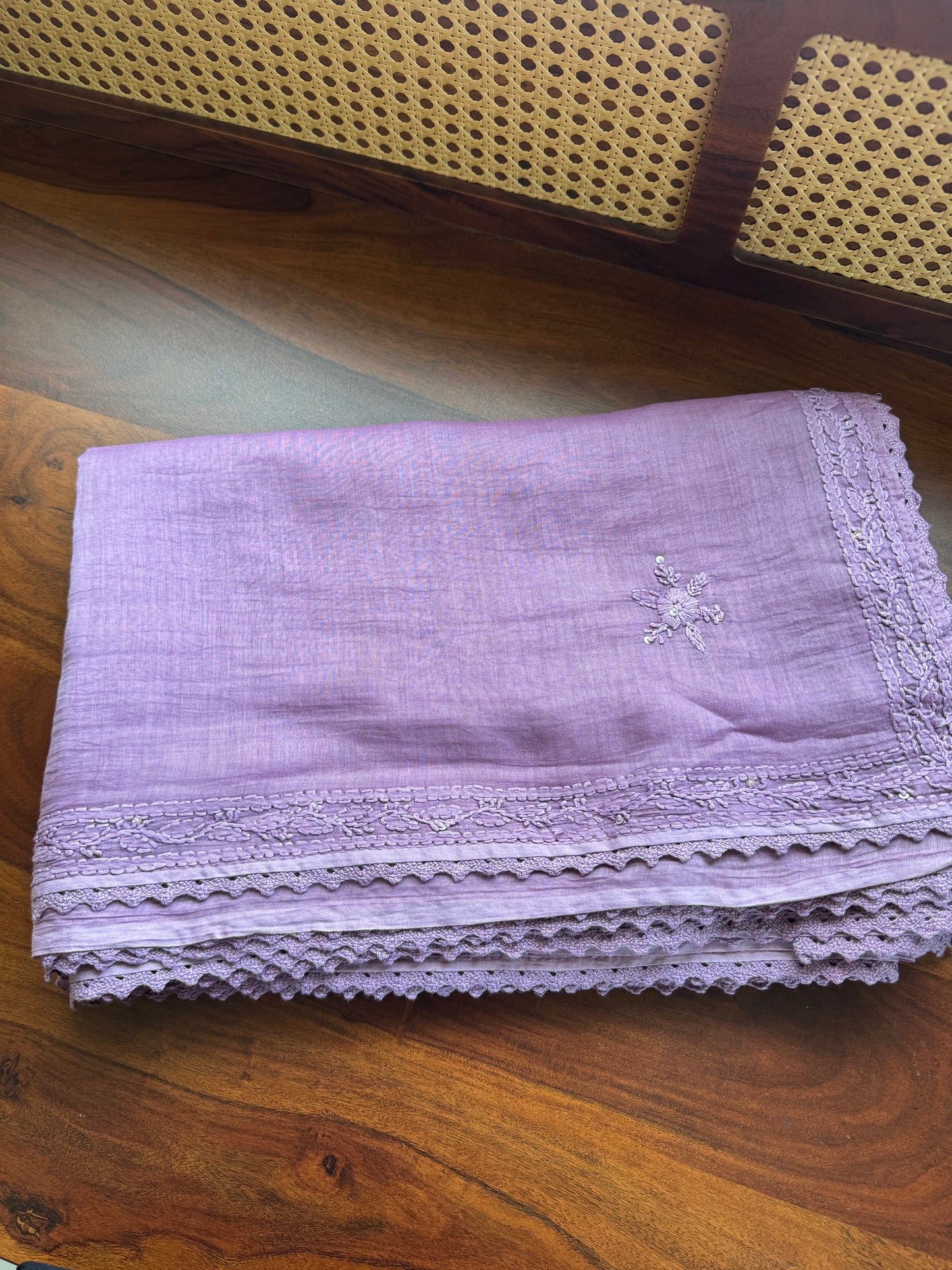 Pure Mul Chanderi Chikankari Saree - Lavender