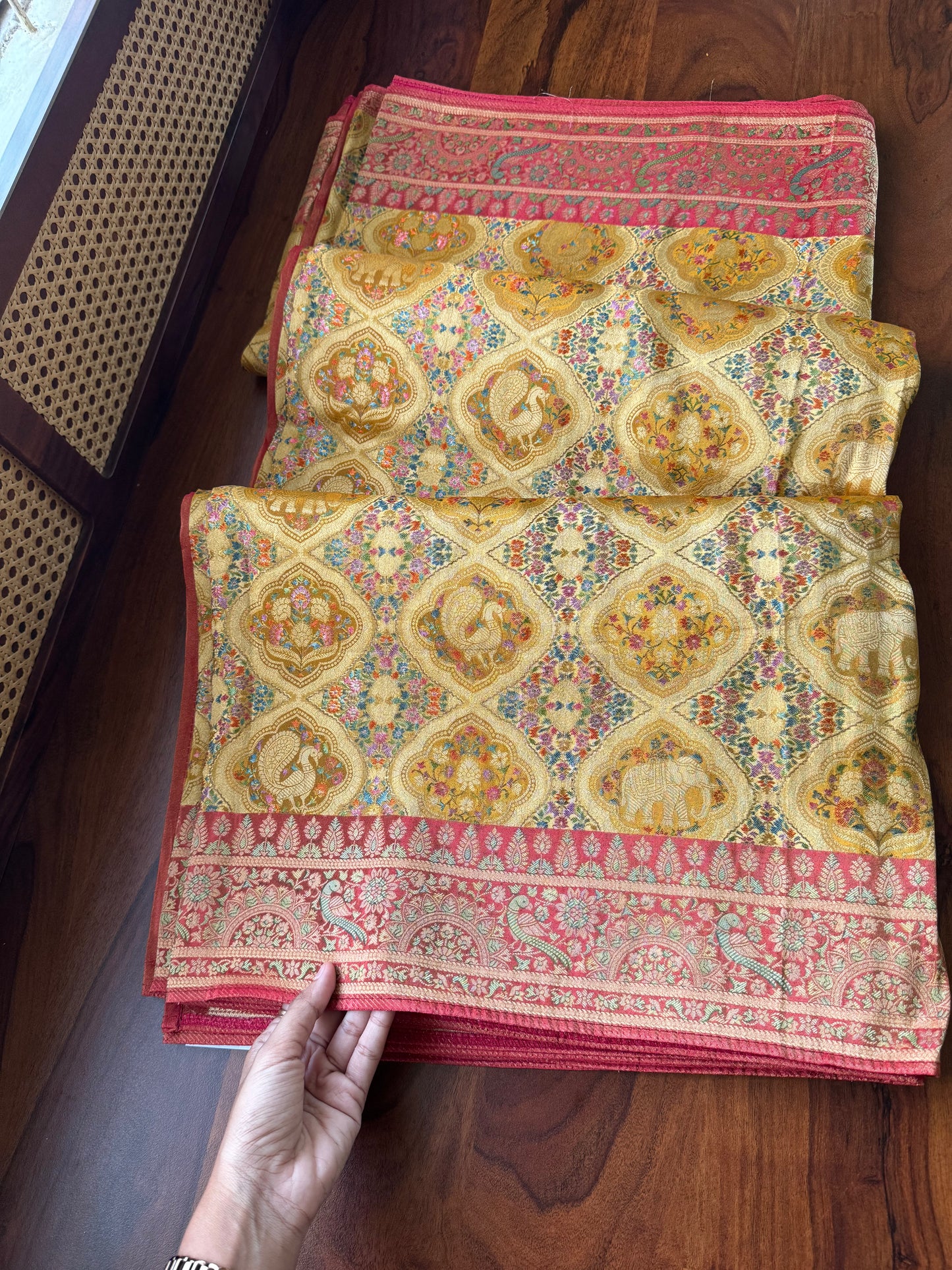 Luxe Pashmina Style Semi Silk Saree - Yellow & Red