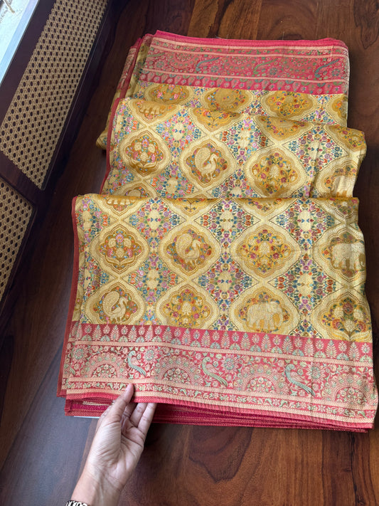 Luxe Pashmina Style Semi Silk Saree - Yellow & Red