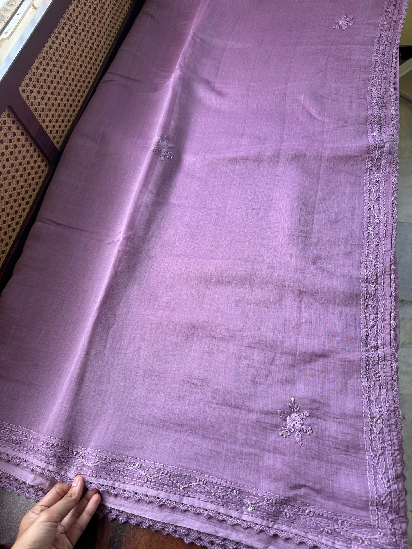 Pure Mul Chanderi Chikankari Saree - Lavender
