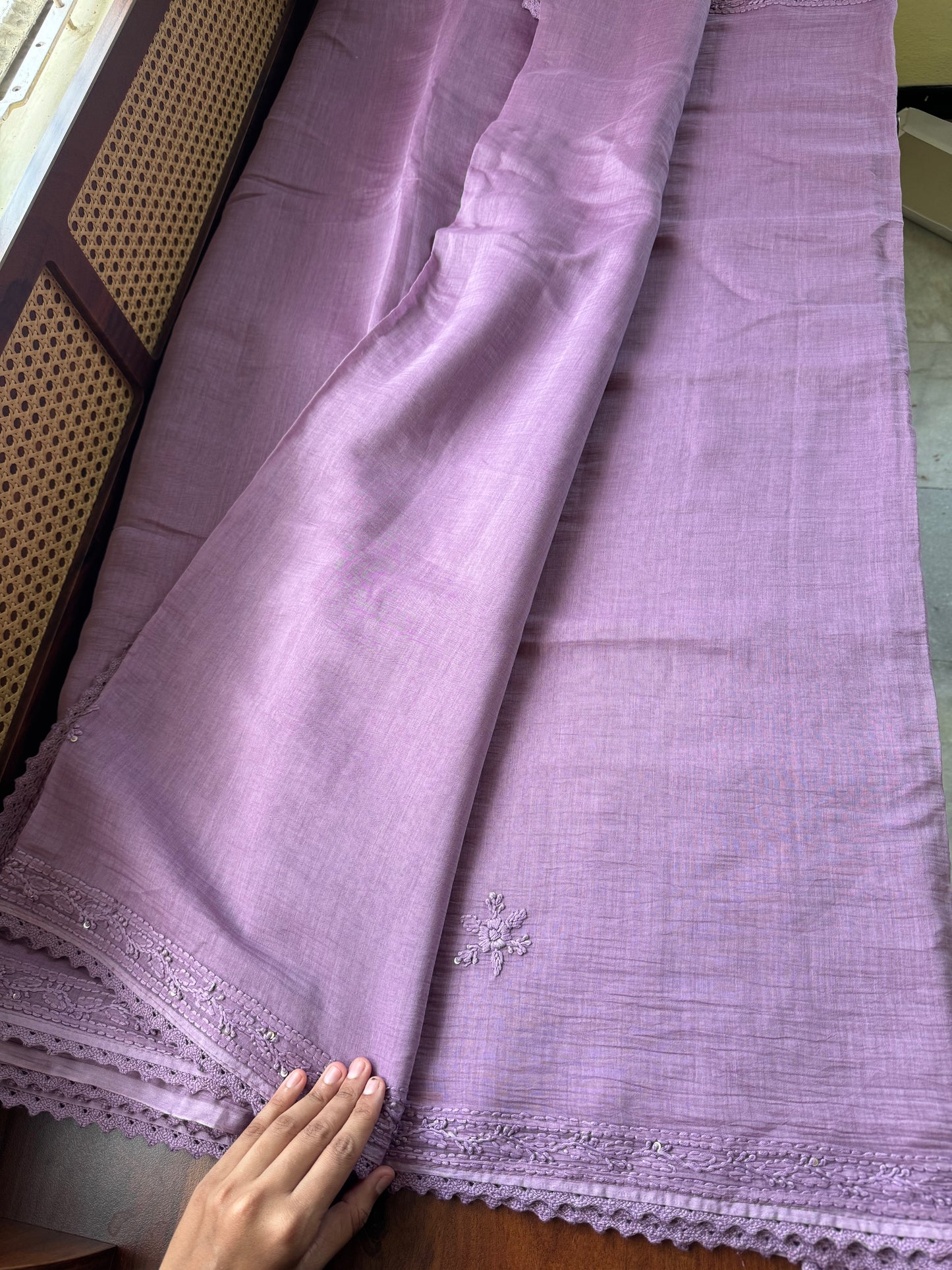 Pure Mul Chanderi Chikankari Saree - Lavender