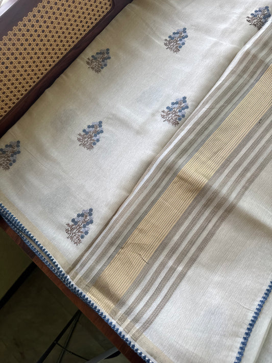 Mul Chanderi Tissue Saree - Cream & Navy Blue