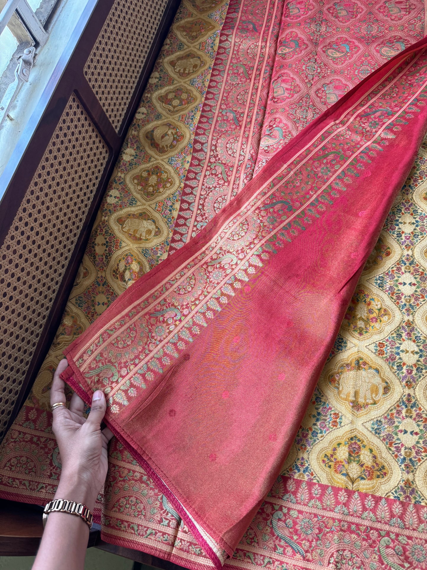 Luxe Pashmina Style Semi Silk Saree - Yellow & Red