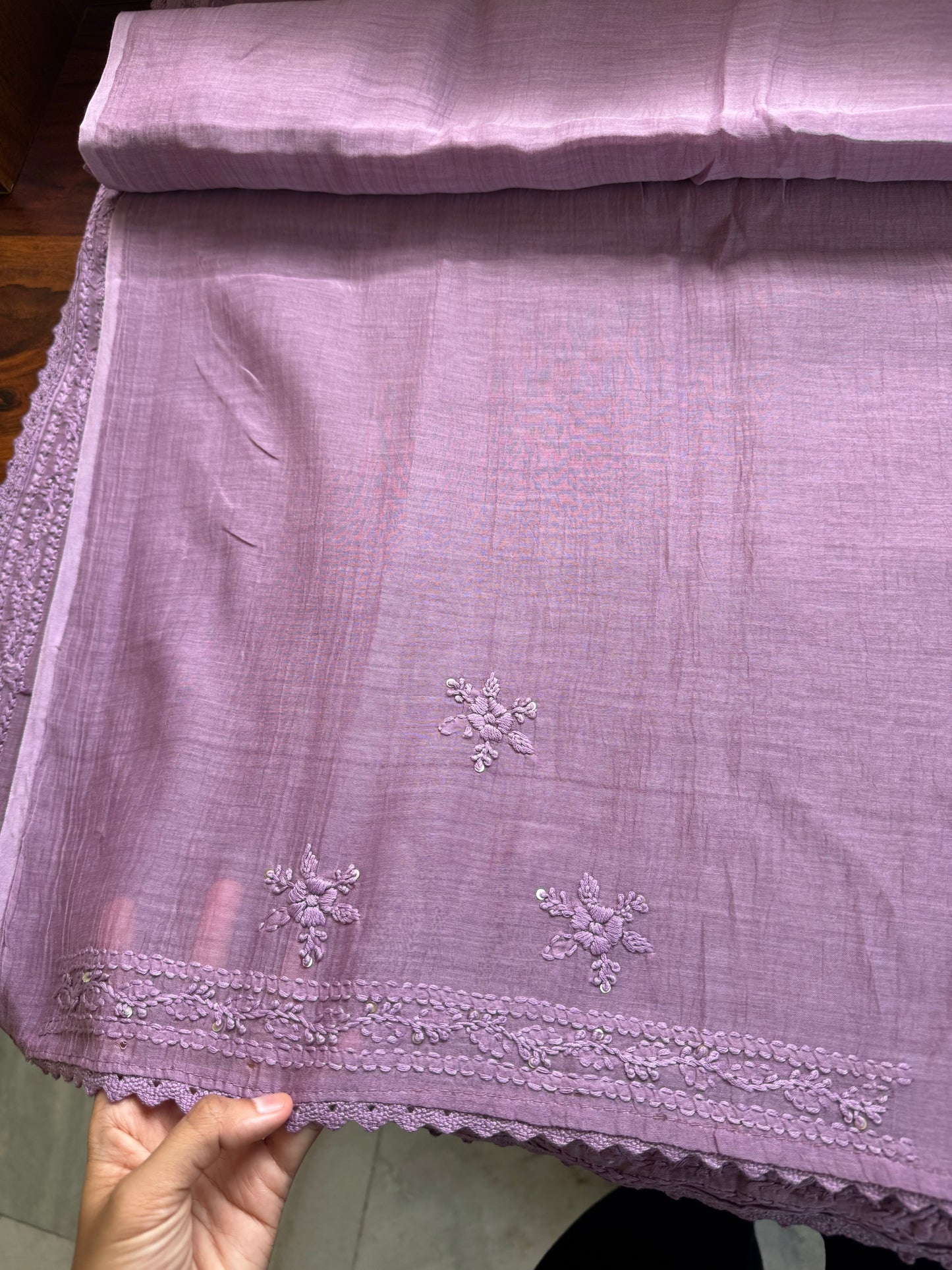 Pure Mul Chanderi Chikankari Saree - Lavender
