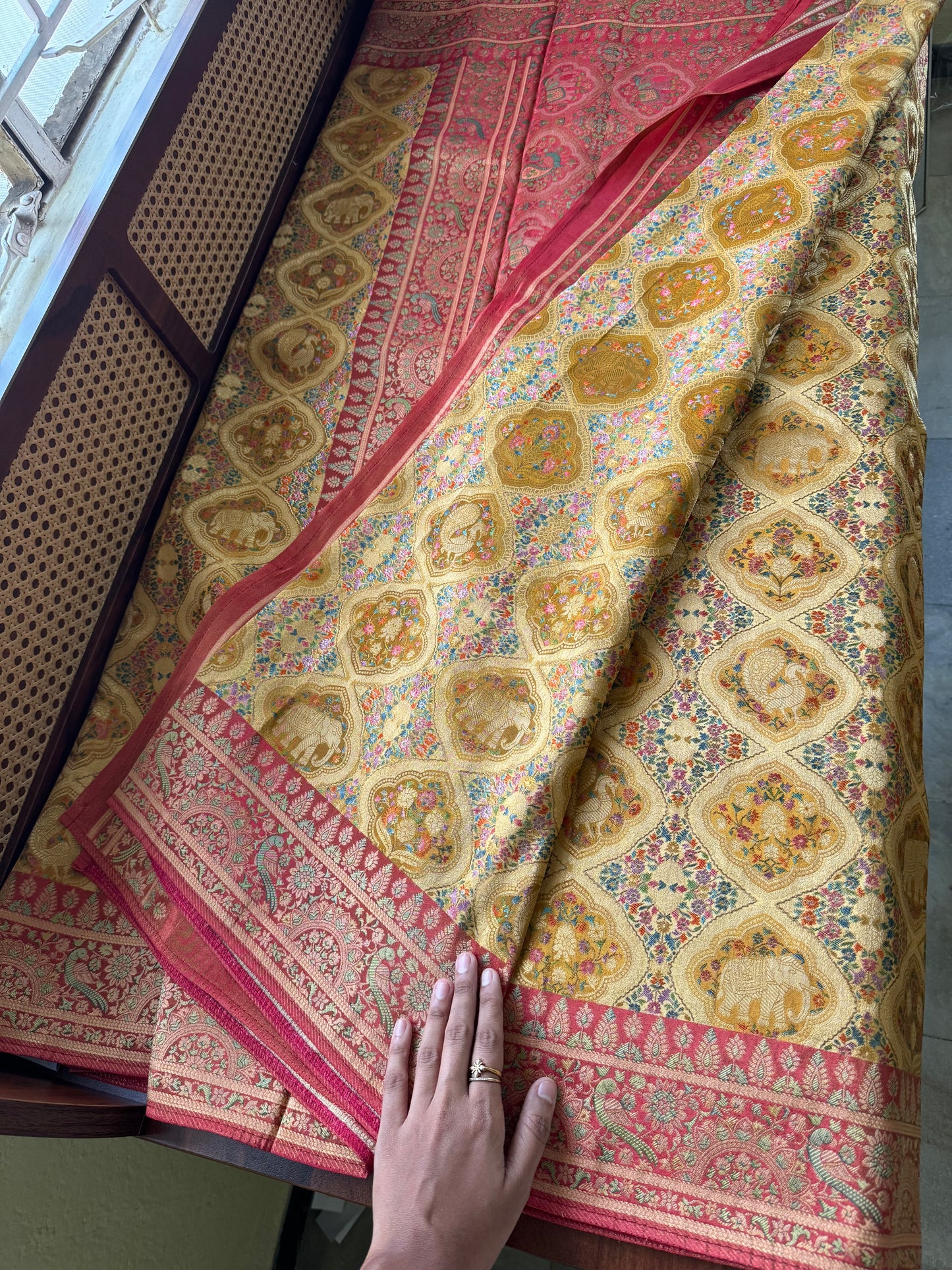 Luxe Pashmina Style Semi Silk Saree - Yellow & Red