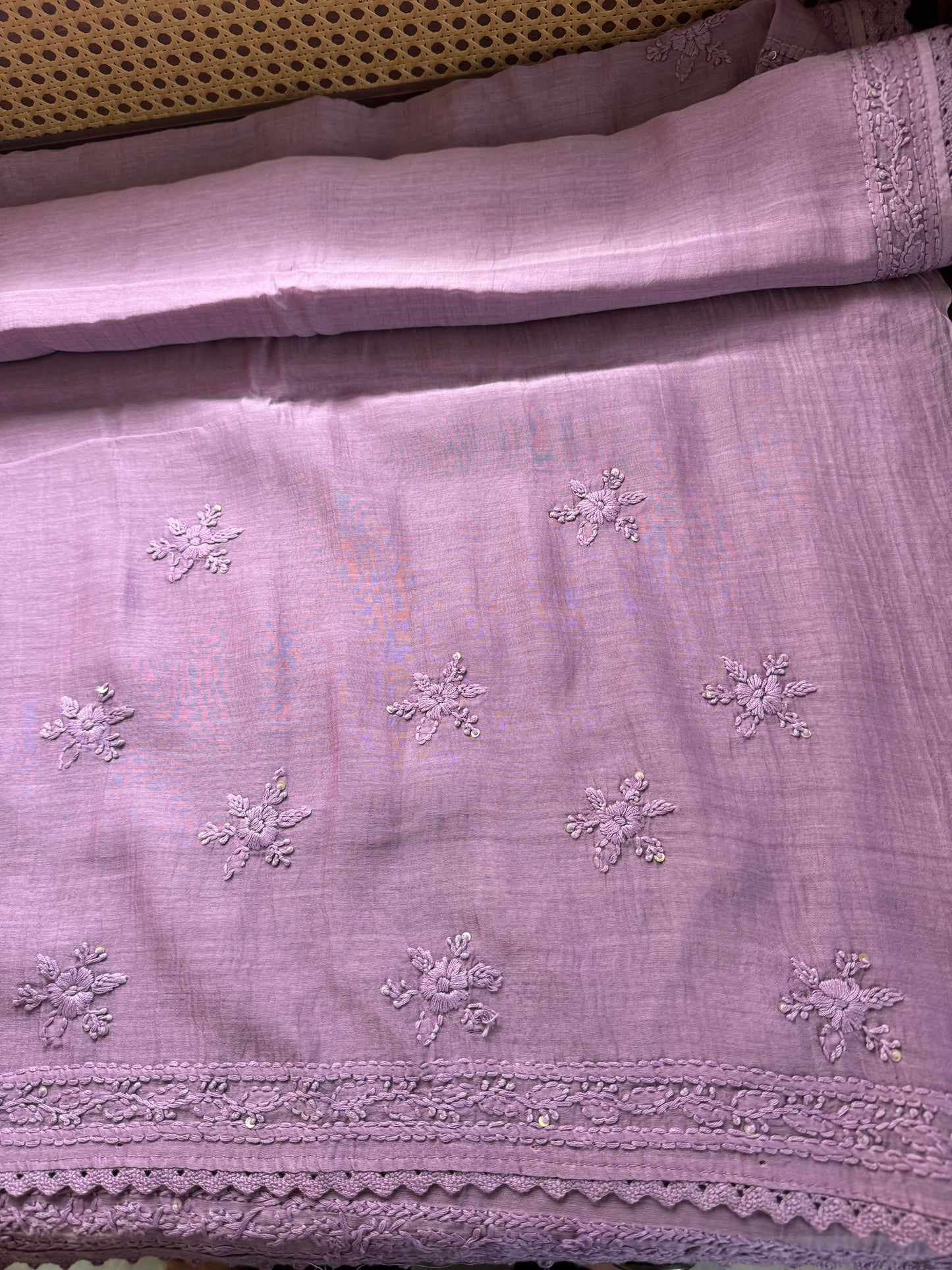Pure Mul Chanderi Chikankari Saree - Lavender