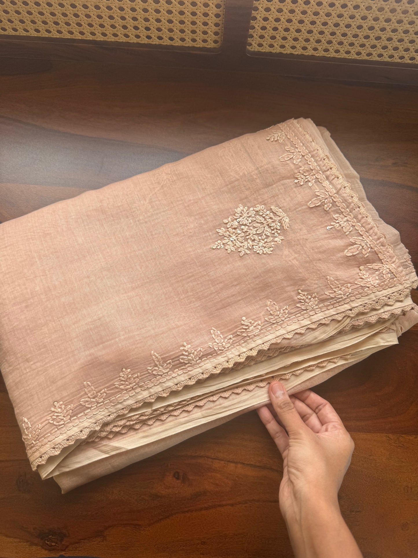 Pure Mul Chanderi Chikankari Saree - Beige