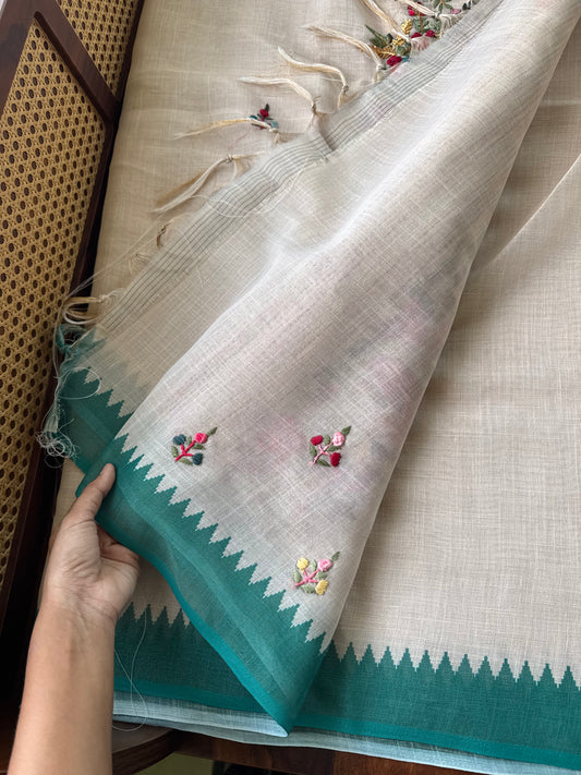 Premium Tissue Linen Sarees - Half white & Green