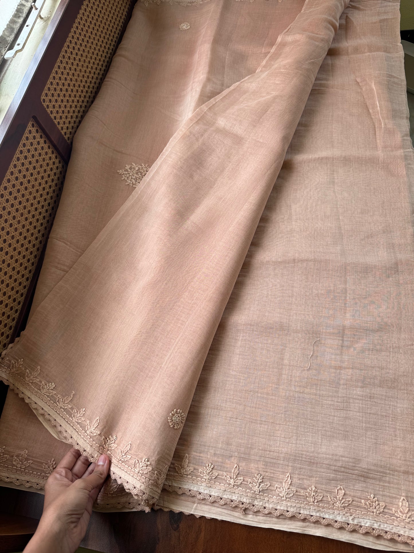 Pure Mul Chanderi Chikankari Saree - Beige